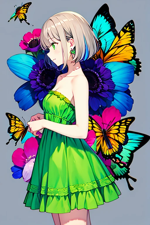 One girl, 前hair, just_arms, just_shoulder, green_butterfly, green_dress, bug, butterfly, butterfly_upon_hand, butterfly_wing, collarbupone, dress, Earrings, gray_background, jewelry, Looking_Away, Multicolor_hair, profile, short_hair, alone, Strapless, Strapless_dress, wing, yellow_butterfly