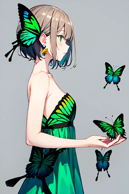 One girl, 前hair, just_arms, just_shoulder, green_butterfly, green_dress, bug, butterfly, butterfly_upon_hand, butterfly_wing, collarbupone, dress, Earrings, gray_background, jewelry, Looking_Away, Multicolor_hair, profile, short_hair, alone, Strapless, Strapless_dress, wing, yellow_butterfly