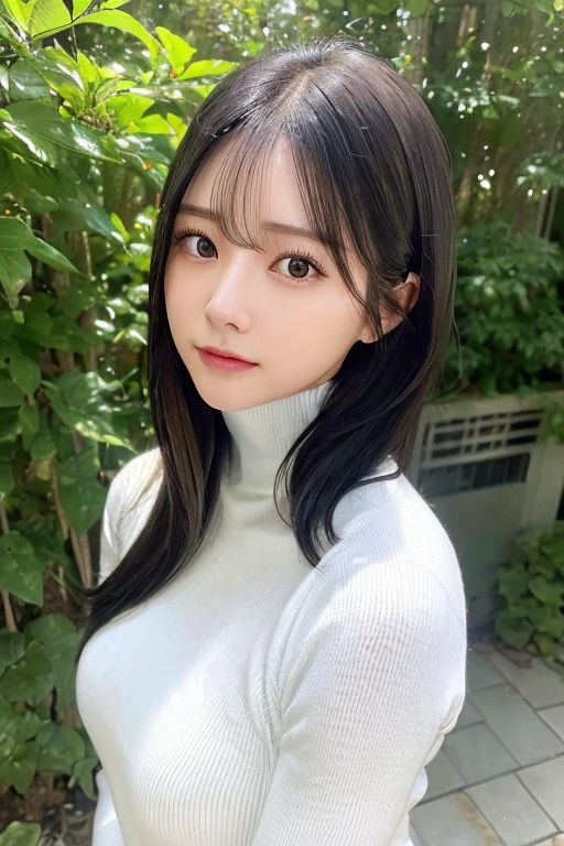 Tabletop, Highest quality, Realistic, In detail, High resolution, 8k wallpaper, Perfect dynamic composition, Beautiful attention to detail, Long Hair, Big ample breasts, Random sexy poses,Chest to chest、(Open Chest Mock Neck Crop Tank Top White Knitwear Clear Club)、(Breast swelling 1.2)、smile、Resort scenery、Age 25、(Droopy Eyes 1.4)、Adult Beauty、Japanese