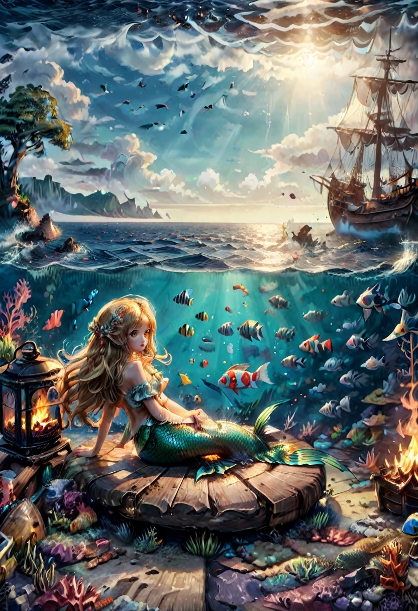 #quality(8k,wallpaper of extremely detailed CG unit, ​masterpiece,hight resolution,top-quality,top-quality real texture skin,hyper realisitic,increase the resolution,RAW photos,best qualtiy,highly detailed,the wallpaper,cinematic,golden ratio), BREAK ,beautiful marmaids are sitting in a circle at the ocean floor and watching a campfire at the ocean floor,#background(beautiful deap ocean,beautiful ocean floor,many fishes),landscape,long shot, wide shot,