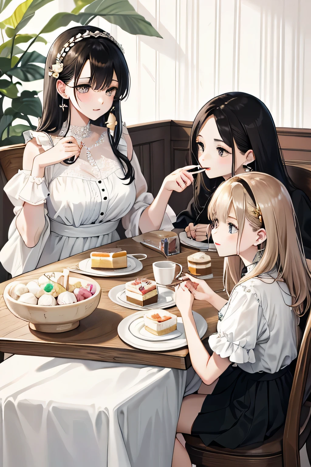 (highest quality:1.4)、High resolution、Detailed Background、(Detailed beautiful face:1.4)、Anatomically correct、(Depict the normal number of fingers:1.2)、(Detailed facial expressions)、Realistic、Beautiful fingers、Beautiful, smooth skin、age beauty、(Huge breasts:1.3)、Perfect body line、brown hair、Black Hair、bob hair、Long Hair、Cowboy Shot、

Happy expression、Calm atmosphere、Upper Body、Tea time at the cafe、(Three women chatting in a cute cafe while tasting cakes and sweets:1.5)、


Choose a feminine dress with floral or lace patterns.、
Dresses with muted color palettes or soft colors、
Choose heeled pumps or flat shoes to match your dress and make it more feminine.、
Wearing a light cardigan or bolero over a dress will give you a classy and cute look.、
Choose an elegant blouse made from silk or chiffon、
We recommend designs with lace or ribbon on the neckline or cuffs.、
Pairing a blouse with a midi-length flared skirt or pleated skirt will give you an elegant look.、
Choose a basic skirt color or go for soft pastel colors.、
Casual shoes such as flat sandals look great on you.、
Choose simple bags and accessories to create a balanced look.、

Pearl necklaces and earrings、Choose a simple design、Pearl accessories are generally white or cream in color, but pastel colored pearls are also cute.。

Thin chokers and delicate pendants、We recommend a simple design in gold or silver.、Items decorated with small sparkling stones or pearls are also nice.、

Stacking rings are a style of wearing multiple rings stacked on top of each other.、
Choosing a thin ring or a ring with a simple design will add a touch of glamour to your fingers.、
Pair it with a gold or rose gold ring for a classy look.、

We also recommend adding some cute headbands and hair accessories.、
Some have flower or ribbon accents, while others have simple designs.、
Hair accessories can enhance your hairstyle.、

Gold or Silver、A simple watch with a rose gold metal strap、
Watches decorated with diamonds and pearls also give an elegant impression.、
Simple accessories that are not too flashy、cute