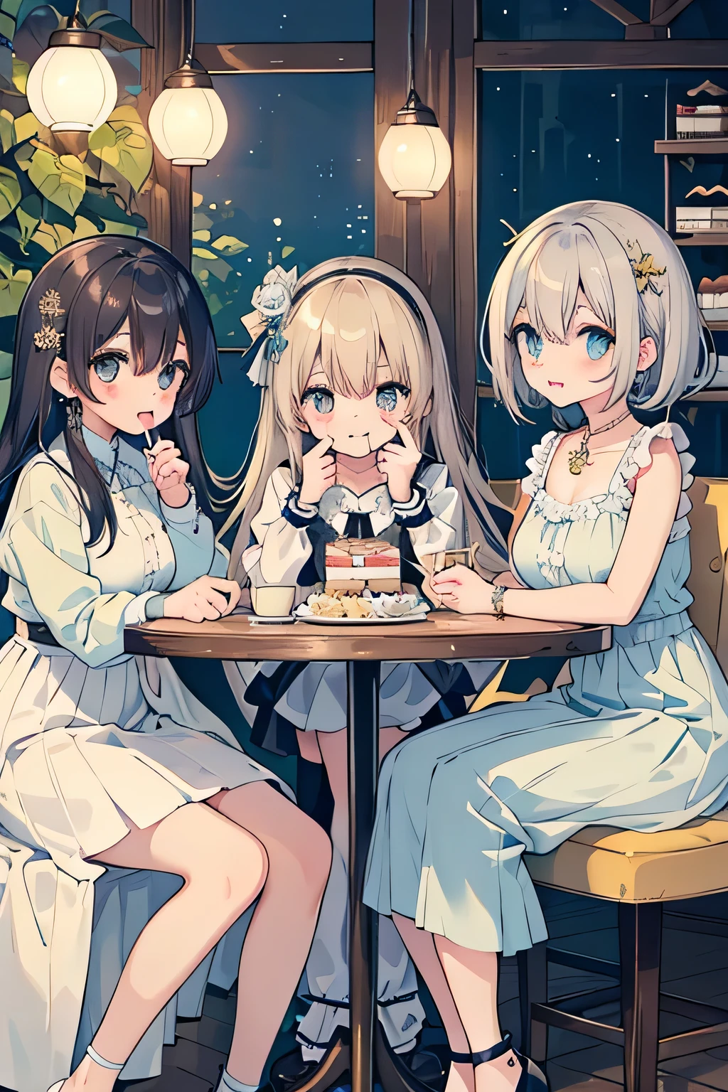 (highest quality:1.4)、High resolution、Detailed Background、(Detailed beautiful face:1.4)、Anatomically correct、(Depict the normal number of fingers:1.2)、(Detailed facial expressions)、Realistic、Beautiful fingers、Beautiful, smooth skin、Teenage beauty、(Huge breasts:1.3)、Perfect body line、brown hair、Black Hair、bob hair、Long Hair、Cowboy Shot、
Happy expression、Calm atmosphere、Upper Body、Tea time at the cafe、(Three women chatting in a cute cafe while tasting cakes and sweets:1.5)、
Choose a feminine dress with floral or lace patterns.、
Dresses with muted color palettes or soft colors、
Choose heeled pumps or flat shoes to match your dress and make it more feminine.、
Wearing a light cardigan or bolero over a dress will give you a classy and cute look.、
Choose an elegant blouse made from silk or chiffon、
We recommend designs with lace or ribbon on the neckline or cuffs.、
Pairing a blouse with a midi-length flared skirt or pleated skirt will give you an elegant look.、
Choose a basic skirt color or go for soft pastel colors.、
Casual shoes such as flat sandals look great on you.、
Choose simple bags and accessories to create a balanced look.、
Pearl necklaces and earrings、Choose a simple design、Pearl accessories are generally white or cream in color, but pastel colored pearls are also cute.。
Thin chokers and delicate pendants、We recommend a simple design in gold or silver.、Items decorated with small sparkling stones or pearls are also nice.、
Stacking rings are a style of wearing multiple rings stacked on top of each other.、
Choosing a thin ring or a ring with a simple design will add a touch of glamour to your fingers.、
Pair it with a gold or rose gold ring for a classy look.、
We also recommend adding some cute headbands and hair accessories.、
Some have flower or ribbon accents, while others have simple designs.、
Hair accessories can enhance your hairstyle.、
Gold or Silver、A simple watch with a rose gold metal strap、
Watches decorated with diamonds and pearls also give an elegant impression.、
Simple accessories that are not too flashy、cute