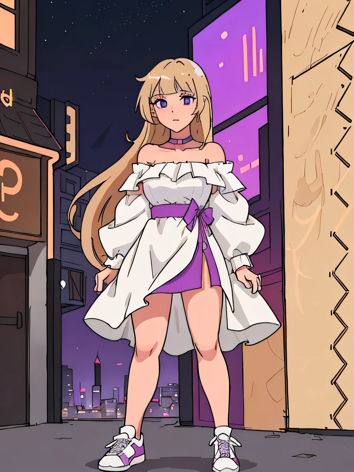 blonde girl 25 years old, European appearance, long hair with straight bangs, dark hair roots, surrounding urban area with high-rise buildings, City Lights, in an off-the-shoulder dress, Dress purple, dress with slit, silk dress, The skin is a little tanned, elongated nose, colored sneakers on feet,