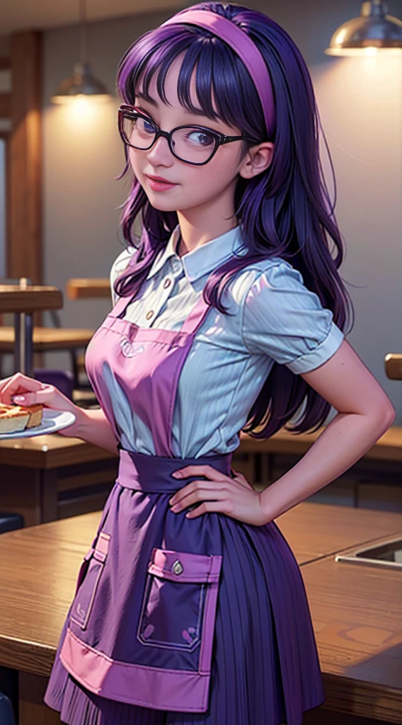 ((best quality)), ((highly detailed)), masterpiece, (detailed eyes, deep eyes), (1girl), dynamic angle, cowboy shot, mlptwilightsparkle, woman, gleeful smile, looking at viewer, ((purple hair with a pink stripe)), ((purple eyes)), ((thick rimmed glasses)), (((waitress uniform))), cleavage, (indoor diner), light violet skirt, apron, short skirt, collared shirt, woman, sexy, rosy cheeks, medium breasts, realistic proportions, unbuttoned white blouse, holding a plate, (((apron))), short puffy sleeves, headband, hand on hip, low cut blouse,