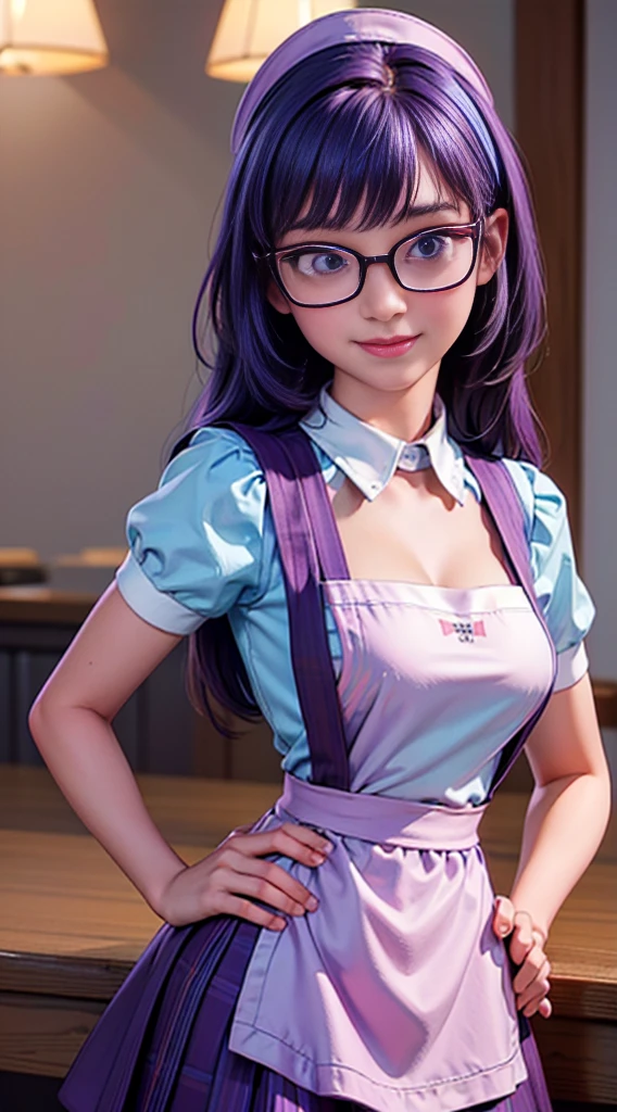 ((best quality)), ((highly detailed)), masterpiece, (detailed eyes, deep eyes), (1girl), dynamic angle, cowboy shot, mlptwilightsparkle, woman, gleeful smile, looking at viewer, ((purple hair with a pink stripe)), ((purple eyes)), ((thick rimmed glasses)), (((waitress uniform))), cleavage, (indoor diner), light violet skirt, apron, short skirt, collared shirt, woman, sexy, rosy cheeks, medium breasts, realistic proportions, unbuttoned white blouse, holding a plate, (((apron))), short puffy sleeves, headband, hand on hip, low cut blouse,