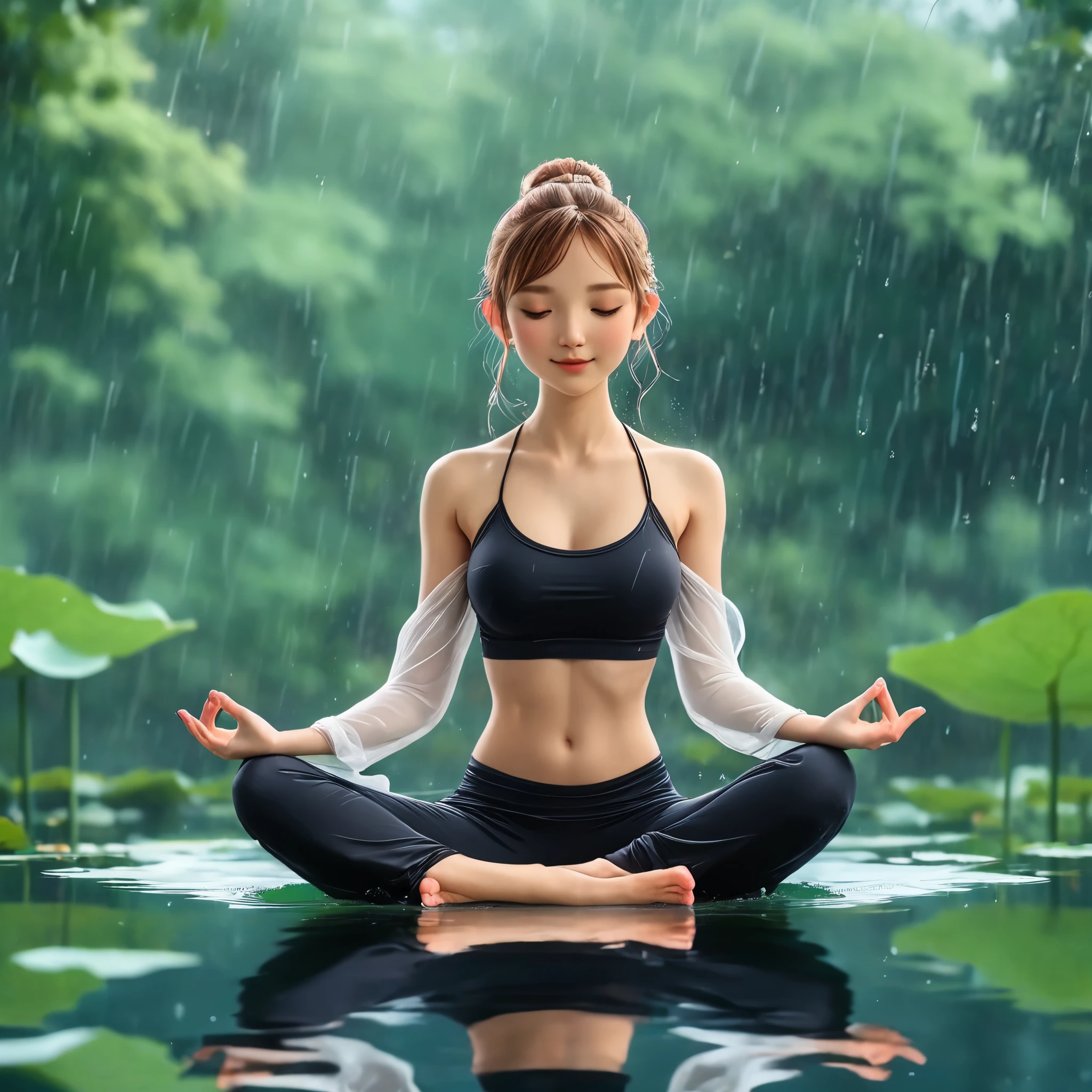 anna_lv1,lotus pose,cute,on the water,reflection,raining,Background blur,fullbody