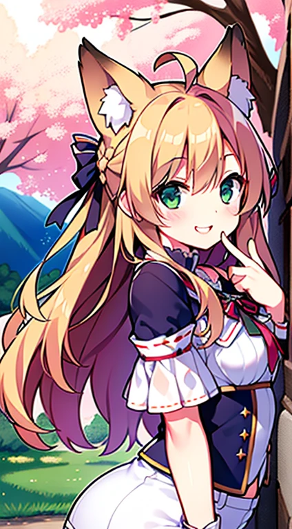 (Dutch tilt:1.5), masterpiece, 8k wallpaper, Unorganized and of the highest quality, Dynamic Angle, One girl, Fox Ears, Charm, delicate, very cute, Small breasts, Crimson Hair, Ahoge, Long Hair, Side Lock, Braid, Fine grain, Green Eyes, (Strapless top, Shorts, mischievous big smile, mischievous, Are standing, Leaning forward:1.2), Barrette, blush, Detailed Background, Outdoor, nature, Cherry tree, sun, Bushes, [butterfly], Mountain々, sun, cloud