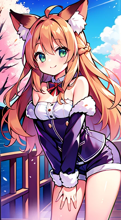 (Dutch tilt:1.5), masterpiece, 8k wallpaper, Unorganized and of the highest quality, Dynamic Angle, One girl, Fox Ears, Charm, delicate, very cute, Small breasts, Crimson Hair, Ahoge, Long Hair, Side Lock, Braid, Fine grain, Green Eyes, (Strapless top, Shorts, mischievous big smile, mischievous, Are standing, Leaning forward:1.2), Barrette, blush, Detailed Background, Outdoor, nature, Cherry tree, sun, Bushes, [butterfly], Mountain々, sun, cloud