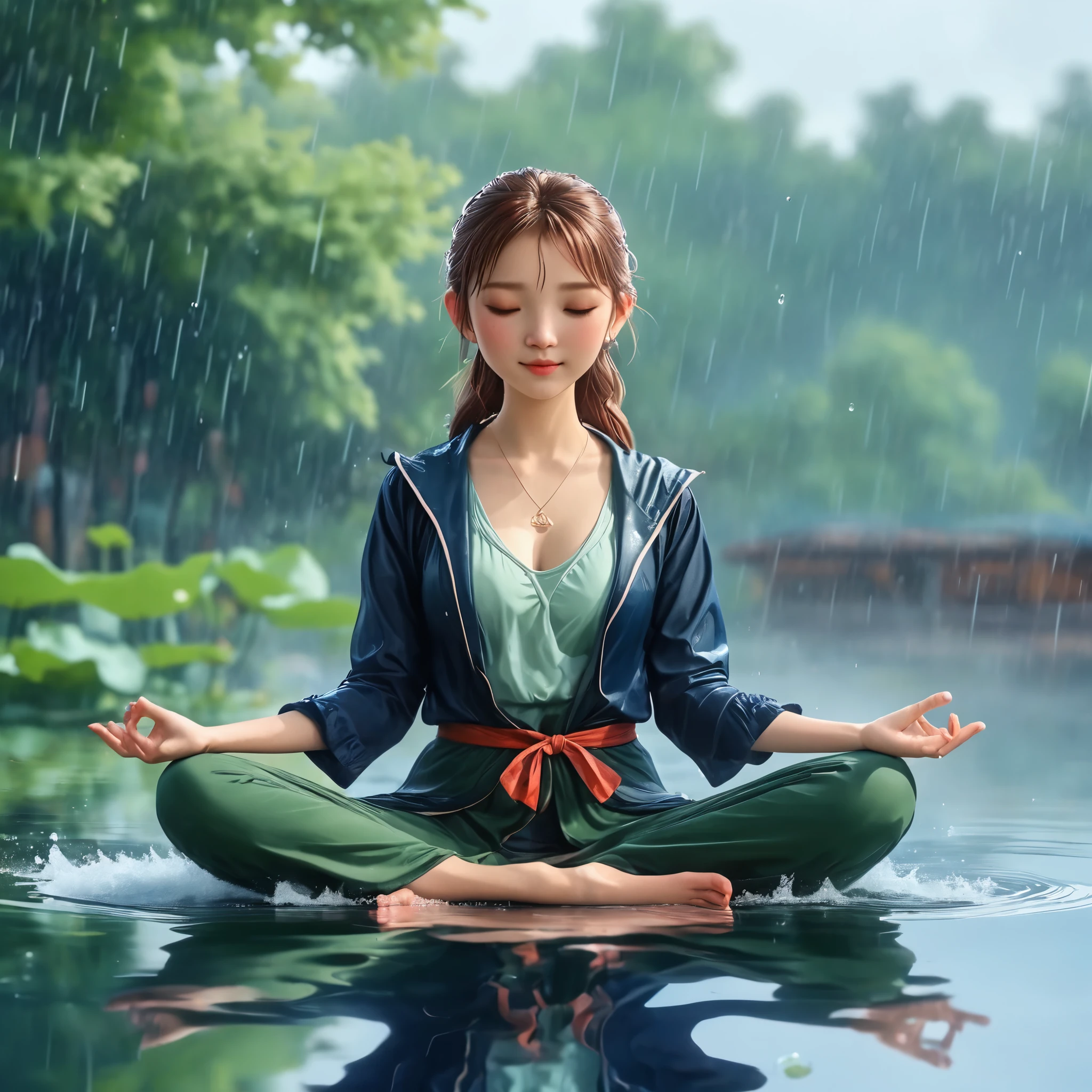 anna_lv1,lotus pose，cute，on the water，reflection，raining，Background blur,fullbody