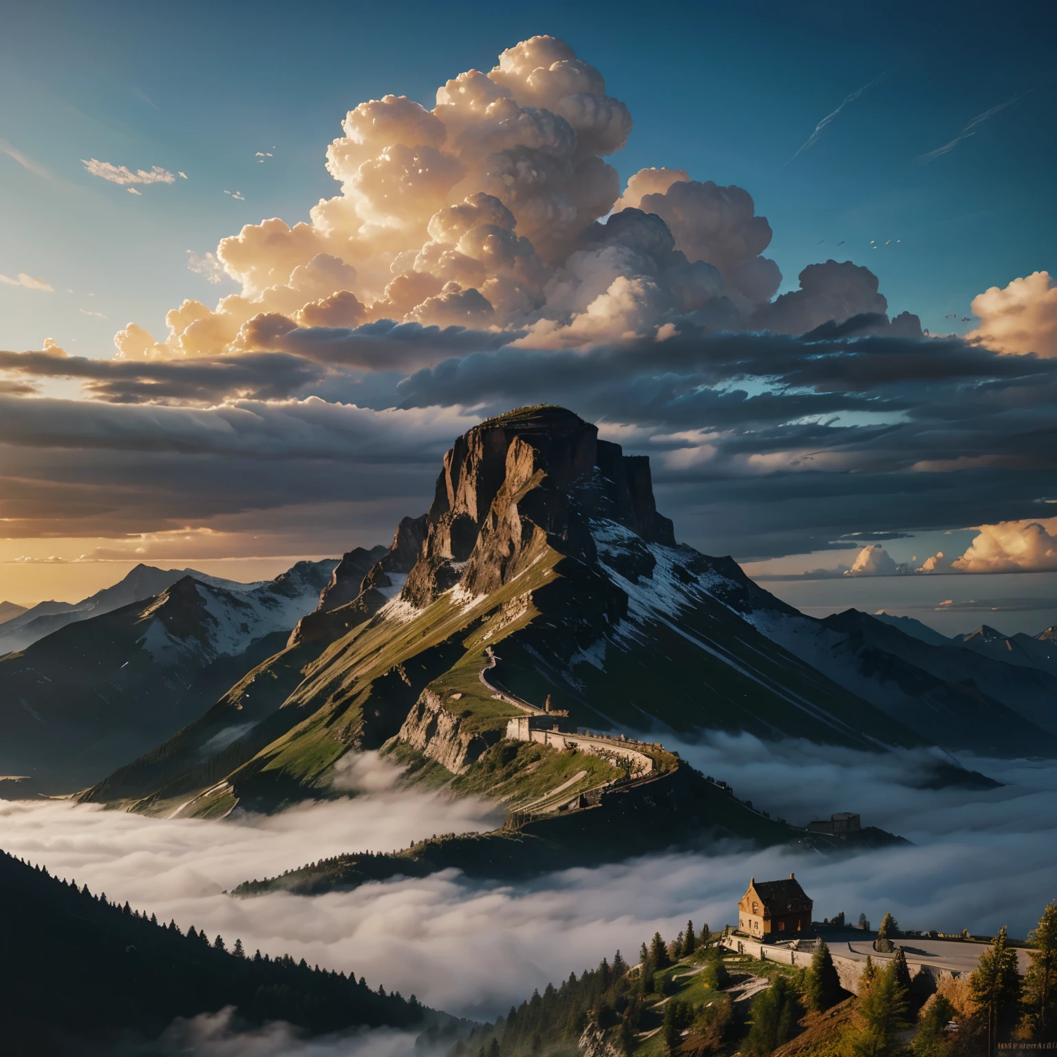 (Best Quality) Grand beautiful landscape, concept art, digital painting, high in the atmosphere