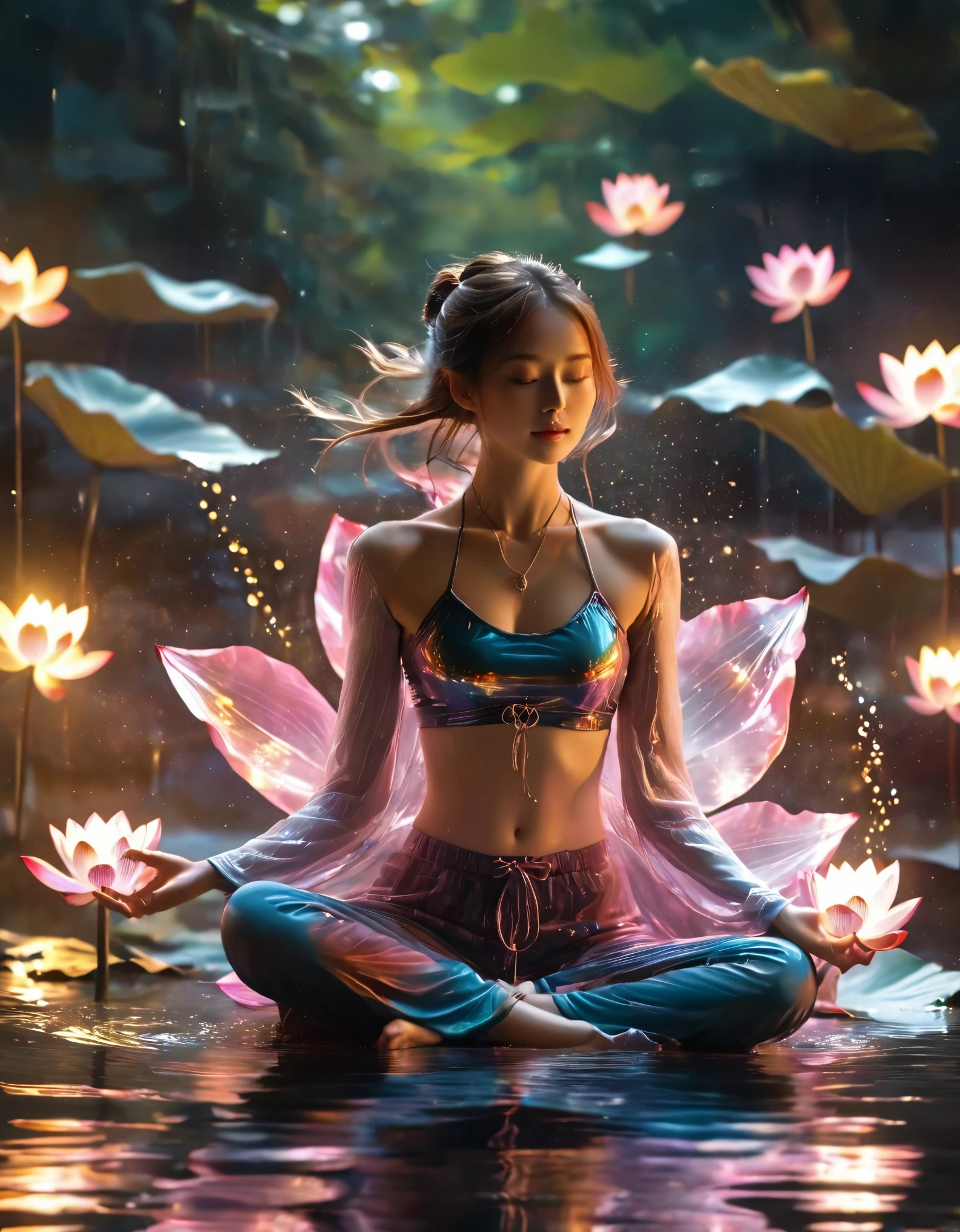 1girl，beautiful，blingbling，Motion blurred，triangle，Movie-level lighting effects，lotus pose,  on the water, reflection