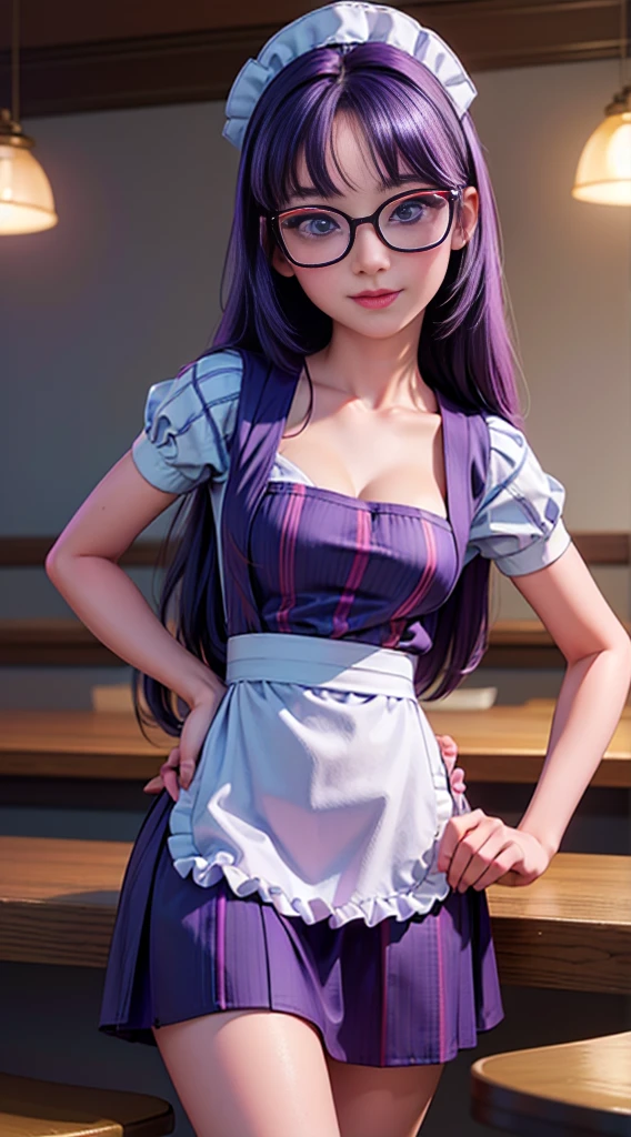 ((best quality)), ((highly detailed)), masterpiece, (detailed eyes, deep eyes), (1girl), dynamic angle, cowboy shot, mlptwilightsparkle, woman, gleeful smile, looking at viewer, ((purple hair with a pink stripe)), ((purple eyes)), ((thick rimmed glasses)), (((waitress uniform))), cleavage, (indoor diner), light violet skirt, apron, short skirt, collared shirt, woman, sexy, rosy cheeks, medium breasts, realistic proportions, unbuttoned white blouse, holding a plate, (((apron))), short puffy sleeves, headband, hand on hip, low cut blouse,