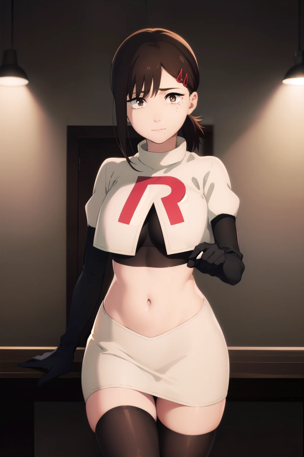 kobenihigashiyama, kobeni higashiyama, black hair, hair ornament, hairclip, mole, mole under eye, ponytail, short hair, (brown eyes:1.5),
BREAK team rocket,team rocket uniform,white skirt,red letter R,crop top,black thigh-highs,black elbow gloves,
BREAK looking at viewer,
BREAK (masterpiece:1.2), best quality, high resolution, unity 8k wallpaper, (illustration:0.8), (beautiful detailed eyes:1.6), extremely detailed face, perfect lighting, extremely detailed CG, (perfect hands, perfect anatomy),