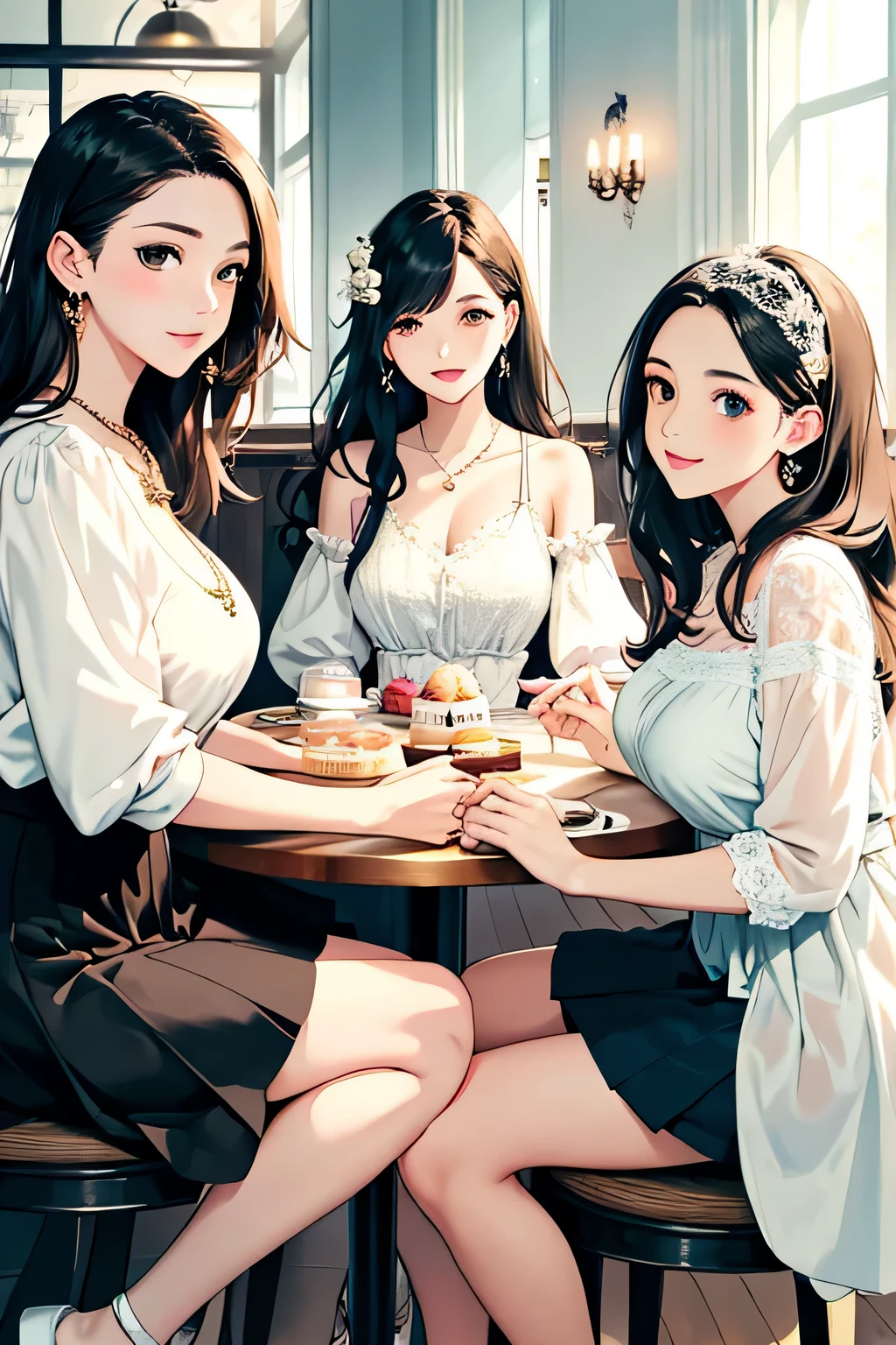 highest quality、High resolution、detailed background、beautiful and detailed face、beautiful and smooth skin、skin texture、cuteteenage girl、(three women)、realistic、perfect body line、black hair braided ponytail、cute hairstyle、Calm atmosphere、
happy look、smile、laughter、sexual expression、Upper body、Tea time at the cafe、
(Three women enjoy chatting and savoring cakes and sweets in a cute cafe:1.5)、
(Three women enjoy chatting and savoring cakes and sweets in a cute cafe:1.5)、
Choose white or pastel colors for lace tops and flared skirts.、sandals or heels、If your lace top is see-through, layer it with an inner camisole to keep it classy.、
Choose a lace blouse in a soft color and add feminine movement with a pleated skirt.、
Adding lace to the sleeves and collar of the blouse makes it even more cute.、
Choose a colorful lace camisole and add a touch of elegance with a midi skirt、cute、
Simple and elegant pearl earrings、delicate chain necklace、Choose a design that matches your style, such as a simple pendant or one with stones.、
A watch that gives an elegant and sophisticated impression、It is best to choose a design that matches your taste and outfit, such as a leather belt or metal belt.、
A simple bracelet that shines on your wrist、Choosing one with a thin chain or simple design will give you an elegant impression.、A thin ring worn on the fingertip、
When adding accessories, pay attention to the appropriate balance and layering.、cute