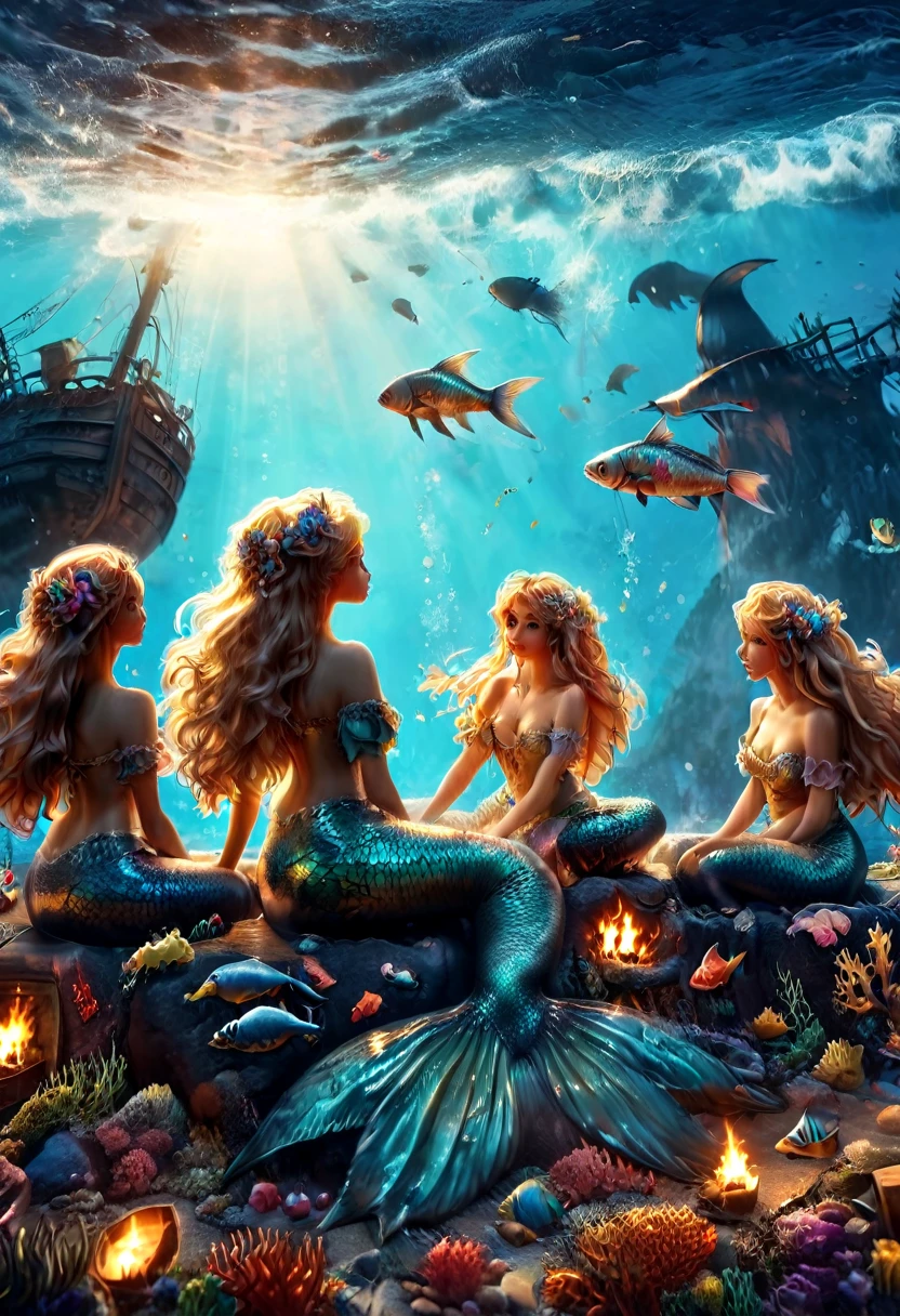 #quality(8k,wallpaper of extremely detailed CG unit, ​masterpiece,hight resolution,top-quality,top-quality real texture skin,hyper realisitic,increase the resolution,RAW photos,best qualtiy,highly detailed,the wallpaper,cinematic,golden ratio), BREAK ,beautiful marmaids are sitting in a circle at the ocean floor and watching a campfire at the ocean floor,#background(beautiful deap ocean,beautiful ocean floor,many fishes),landscape,long shot, wide shot,