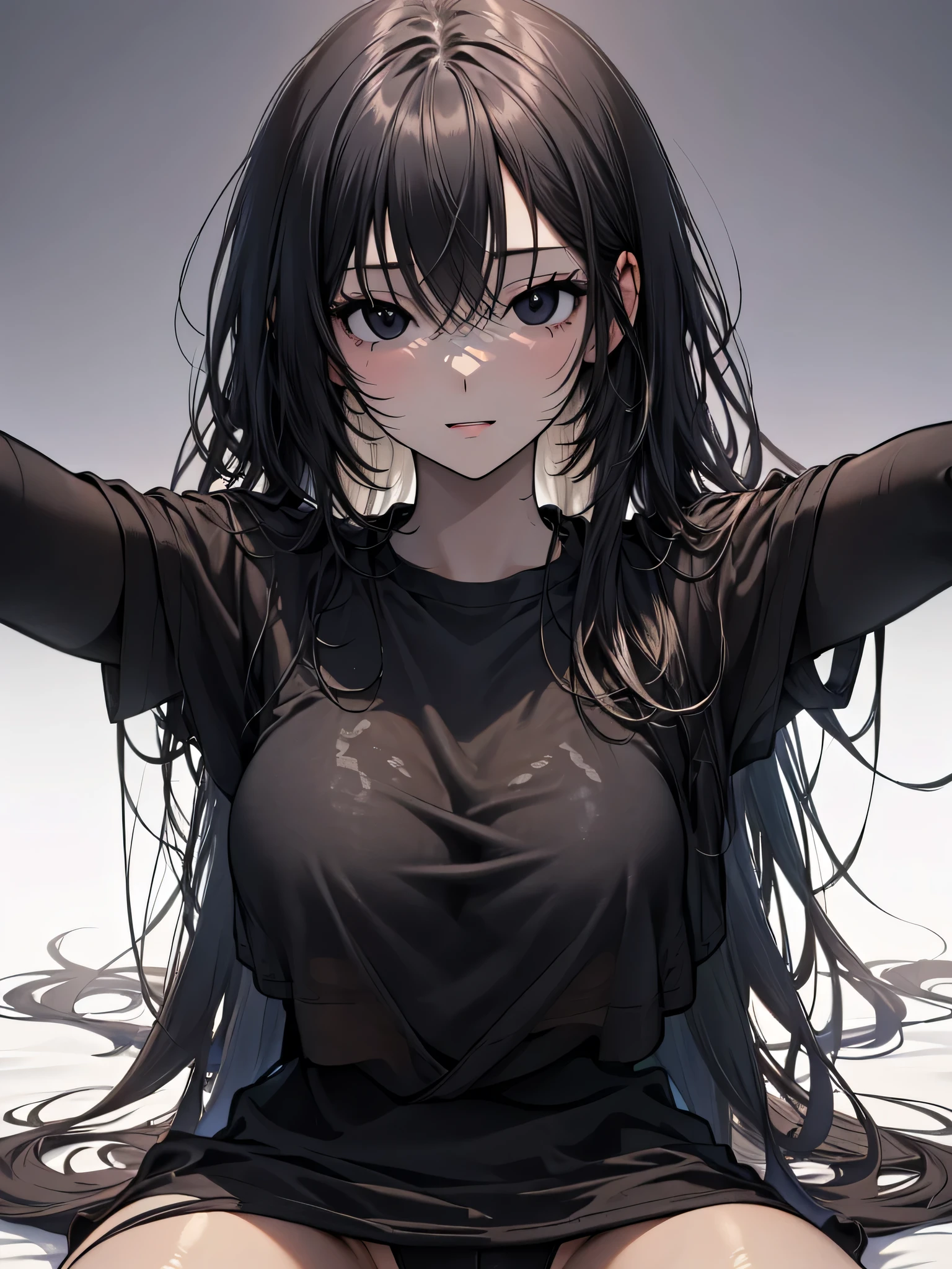 One girl, (Black eyes:1.3),triumphant look、Looking from above、Black Hair, Pubic hair, break (gray shirt:1.5), (Black see-through underwear:1.3), Plain underwear, Huge breasts, naked, Exposed Skin,put your hands on your knees, return, Hips, break (White background:1.2), Black theme、夜 break looking at viewer, break (masterpiece:1.2), highest quality, High resolution, unity 8k wallpaper, (figure:0.8), (Beautiful fine details:1.6), Highly detailed face, Perfect lighting, Highly detailed CG, (Perfect hands, Perfect Anatomy),,Anime Style、sketch、Contours in the eyes、sit、sit、lie down、Happy expression、from below