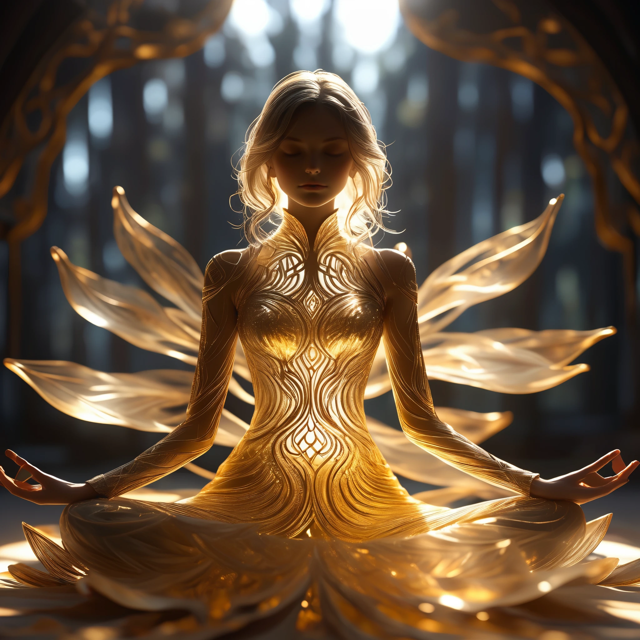 high resolution, Ultra Detailed, (1 girl:1.3),(lotus),golden,BREAK Sunlight, reverberation, Experimental photography, Surreal contrasts, Eye-Catching Visuals, Artistic abstraction,
Break the art of cutting, layered silhouette, complex pattern, exquisite craft, shadow play, Depth and size, creative expression,
break art, Frozen sculpture, translucent form, short-lived beauty, Crystal structure, exquisite craft, touching, lotus pose,
break golden eye,body glow,Glowing Line,fluorescence,Glow Example,Tracking example,flash, Backlight,translucent,light particles