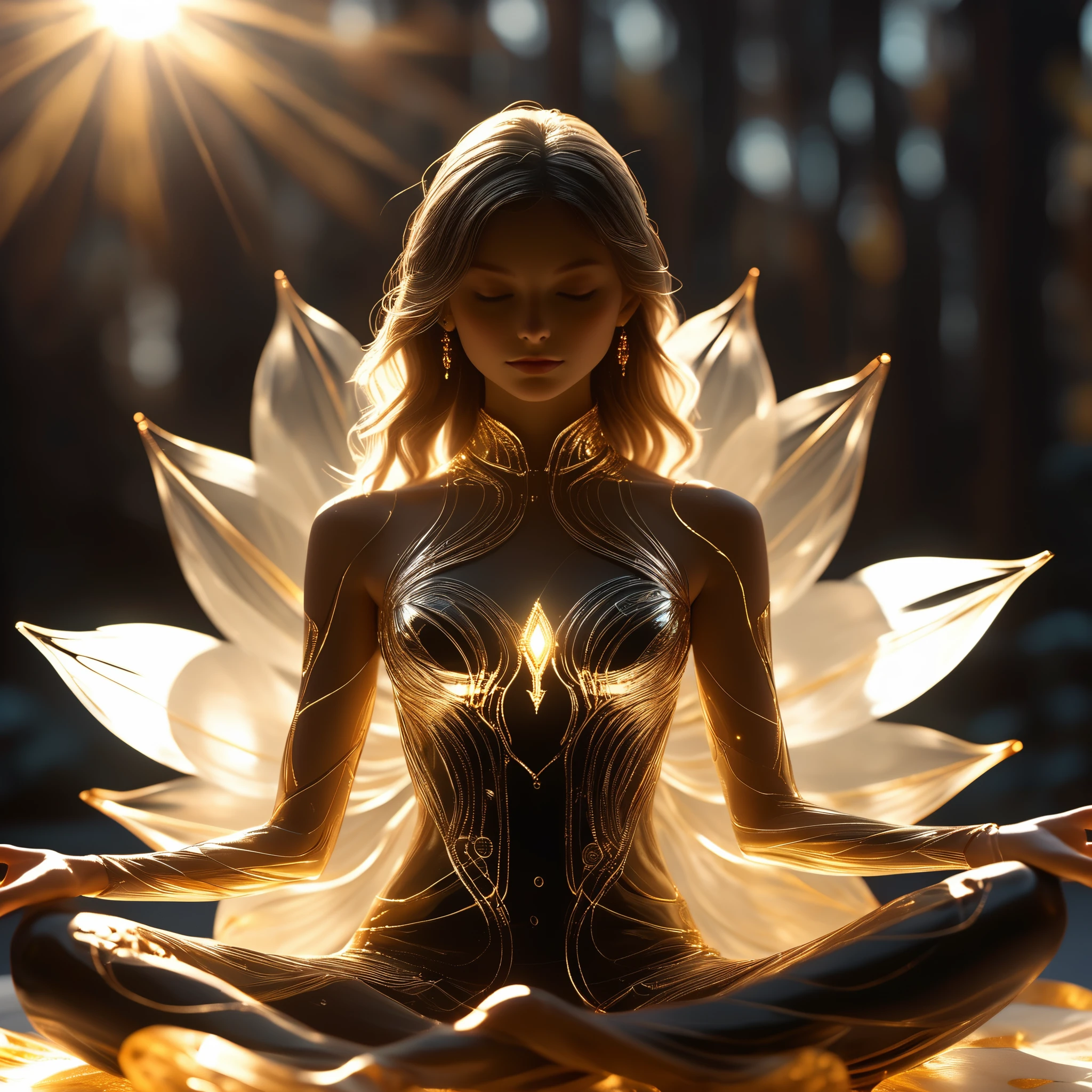 high resolution, Ultra Detailed, (1 girl:1.3),(lotus),golden,BREAK Sunlight, reverberation, Experimental photography, Surreal contrasts, Eye-Catching Visuals, Artistic abstraction,
Break the art of cutting, layered silhouette, complex pattern, exquisite craft, shadow play, Depth and size, creative expression,
break art, Frozen sculpture, translucent form, short-lived beauty, Crystal structure, exquisite craft, touching, lotus pose,
break golden eye,body glow,Glowing Line,fluorescence,Glow Example,Tracking example,flash, Backlight,translucent,light particles