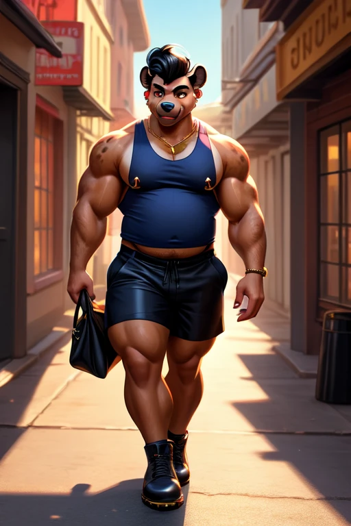 ((best quality)), ((masterpiece)), (detailed), perfect face, Furry, Anthropomorphic Spotted hyena, 25 years old, 6'1.5" and 190 lbs, 45" Chest, 53" Shoulders, 15" Biceps, 35" waist, 25" Thighs, 17" calves, 19" Back, Black hair, Pompadour hairstyle, Brown eyes, wearing navy blue sleeveless vest, wearing salmon colored tanktop, wearing deep necked tank top, low placket string tanktop, thin tank top, nipples exposed, neckline going down stomach, wearing black sweat shorts, wearing Doc Martens, retro aesthetic, 50's greaser aesthetic, Musclegut, stout physique, walking down city, location based on Annapolis, Maryland, Metropolitan statistical area, Maine, smirking, confident, strutting around town, Septum Piercing, Gold Nipple Ring, dynamic lighting, perfect shading, soft shading, soft colors, vivid colors, pastel colors