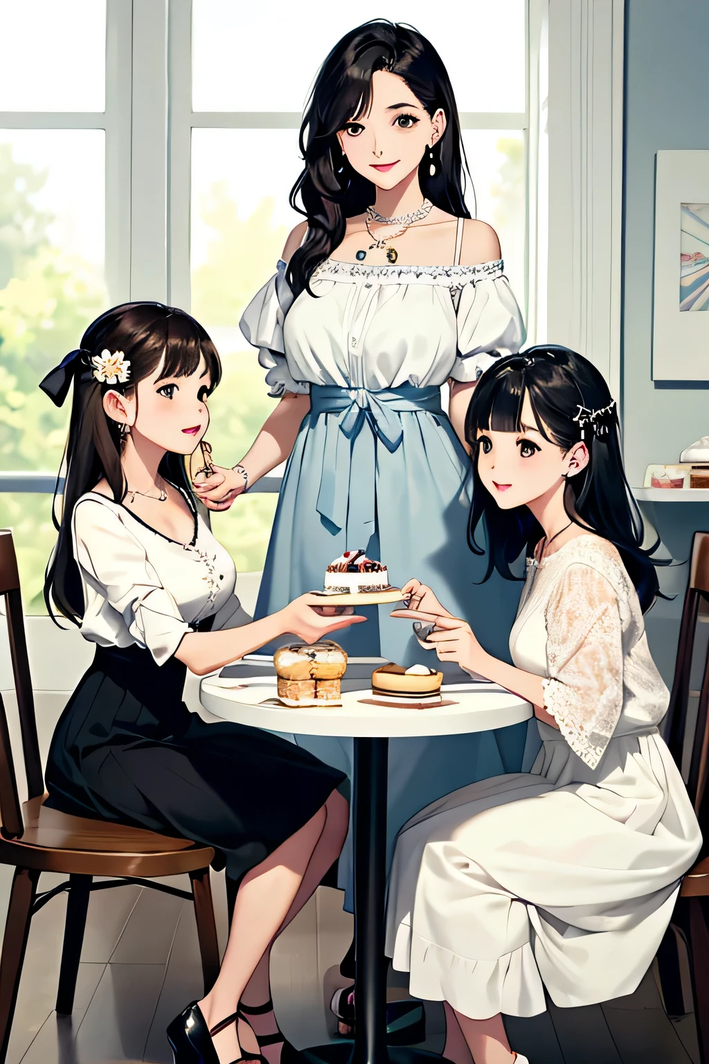 (highest quality:1.4)、High resolution、Detailed Background、(Detailed beautiful face:1.4)、Anatomically correct、(Depict the normal number of fingers:1.2)、(Detailed facial expressions)、Realistic、Beautiful fingers、Beautiful, smooth skin、age beauty、(Huge breasts:1.3)、Perfect body line、brown hair、Black Hair、bob hair、Long Hair、Cowboy Shot、
Happy expression、Calm atmosphere、Upper Body、Tea time at the cafe、(Three women chatting in a cute cafe while tasting cakes and sweets:1.5)、
Choose a feminine dress with floral or lace patterns.、
Dresses with muted color palettes or soft colors、
Choose heeled pumps or flat shoes to match your dress and make it more feminine.、
Wearing a light cardigan or bolero over a dress will give you a classy and cute look.、
Choose an elegant blouse made from silk or chiffon、
We recommend designs with lace or ribbon on the neckline or cuffs.、
Pairing a blouse with a midi-length flared skirt or pleated skirt will give you an elegant look.、
Choose a basic skirt color or go for soft pastel colors.、
Casual shoes such as flat sandals look great on you.、
Choose simple bags and accessories to create a balanced look.、
Pearl necklaces and earrings、Choose a simple design、Pearl accessories are generally white or cream in color, but pastel colored pearls are also cute.。
Thin chokers and delicate pendants、We recommend a simple design in gold or silver.、Items decorated with small sparkling stones or pearls are also nice.、
Stacking rings are a style of wearing multiple rings stacked on top of each other.、
Choosing a thin ring or a ring with a simple design will add a touch of glamour to your fingers.、
Pair it with a gold or rose gold ring for a classy look.、
We also recommend adding some cute headbands and hair accessories.、
Some have flower or ribbon accents, while others have simple designs.、
Hair accessories can enhance your hairstyle.、
Gold or Silver、A simple watch with a rose gold metal strap、
Watches decorated with diamonds and pearls also give an elegant impression.、
Simple accessories that are not too flashy、cute