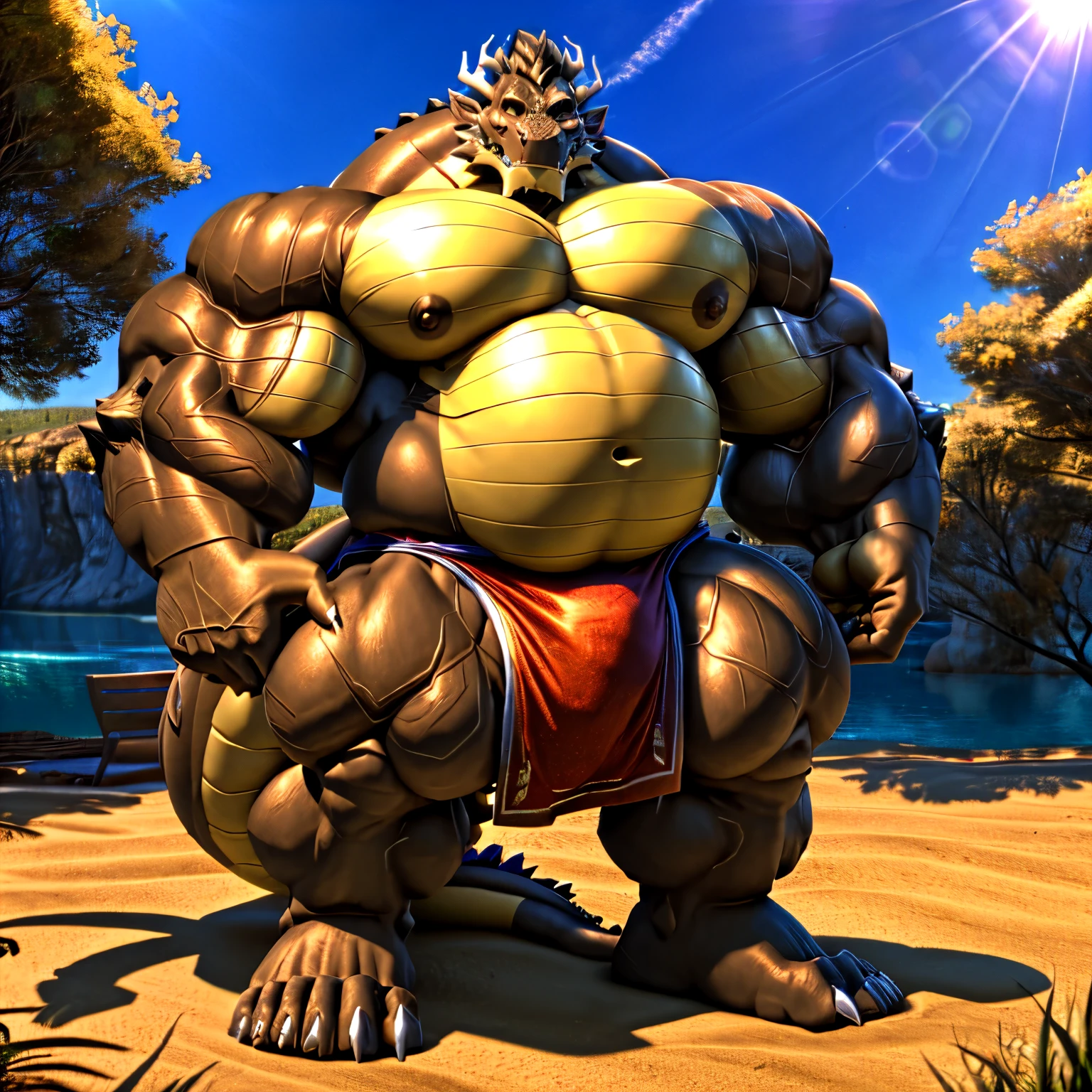 shendu, eastern dragon king, male dragon, eastern dragon,hefty body, with very big muscles, hulking, huge, colossal body, extremely strong, big abdominal muscles, hefty musclegut, pecs, Strong and robust musclegut , prominent muscle abs, sharp claws, legs, feet, full body, loincloth, HDR, nipples, sunlight, daylight, outdoor, bright , at noon, good weather, 4k, best quality .