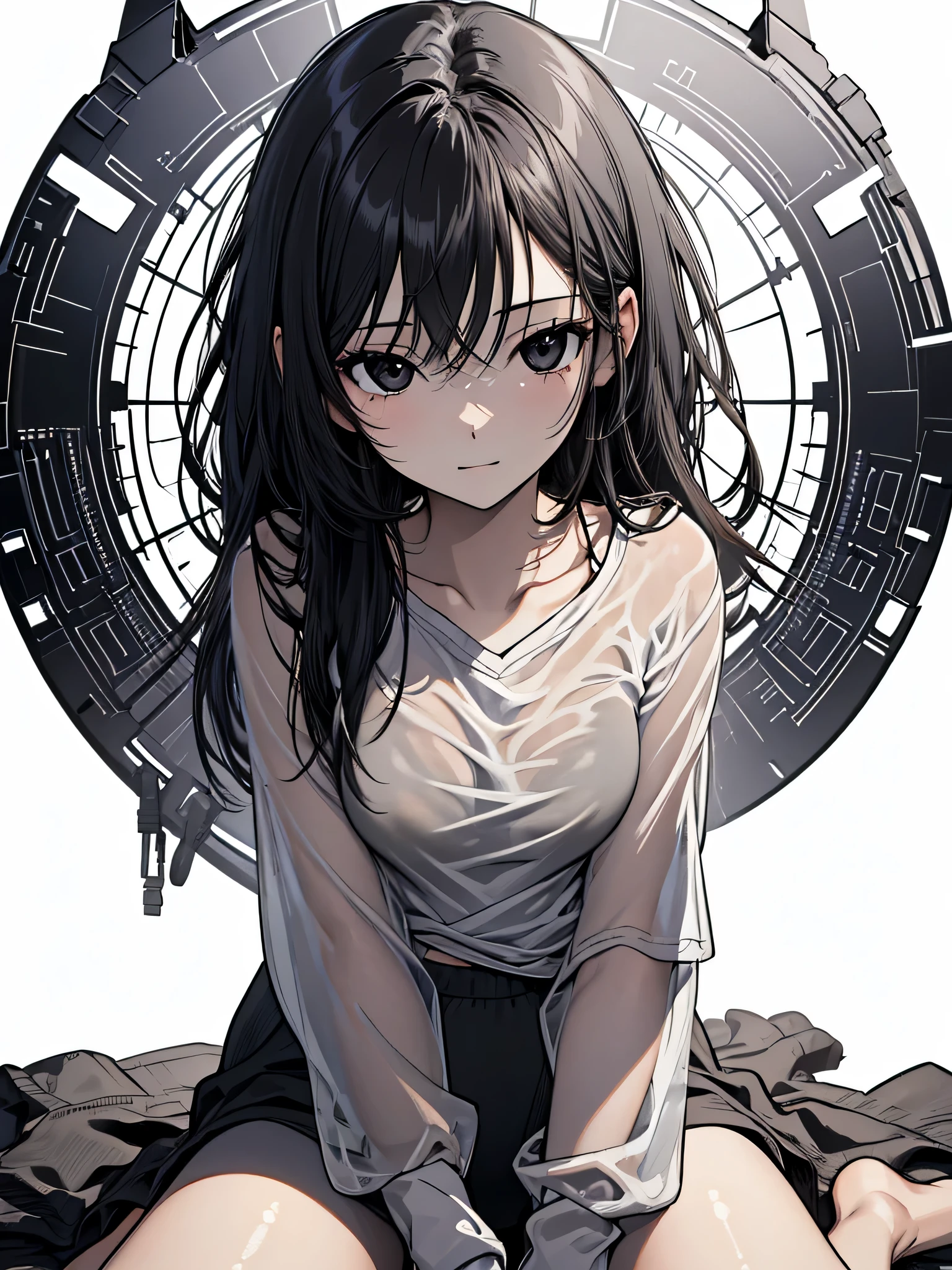 One girl, (Black eyes:1.3),triumphant look、Looking from above、Black Hair, Pubic hair, break (gray shirt:1.5), (Black see-through underwear:1.3), Plain underwear, Huge breasts, naked, Exposed Skin,put your hands on your knees, return, Hips, break (White background:1.2), Black theme、夜 break looking at viewer, break (masterpiece:1.2), highest quality, High resolution, unity 8k wallpaper, (figure:0.8), (Beautiful fine details:1.6), Highly detailed face, Perfect lighting, Highly detailed CG, (Perfect hands, Perfect Anatomy),,Anime Style、sketch、Contours in the eyes、sit、sit、lie down、Happy expression、from below
