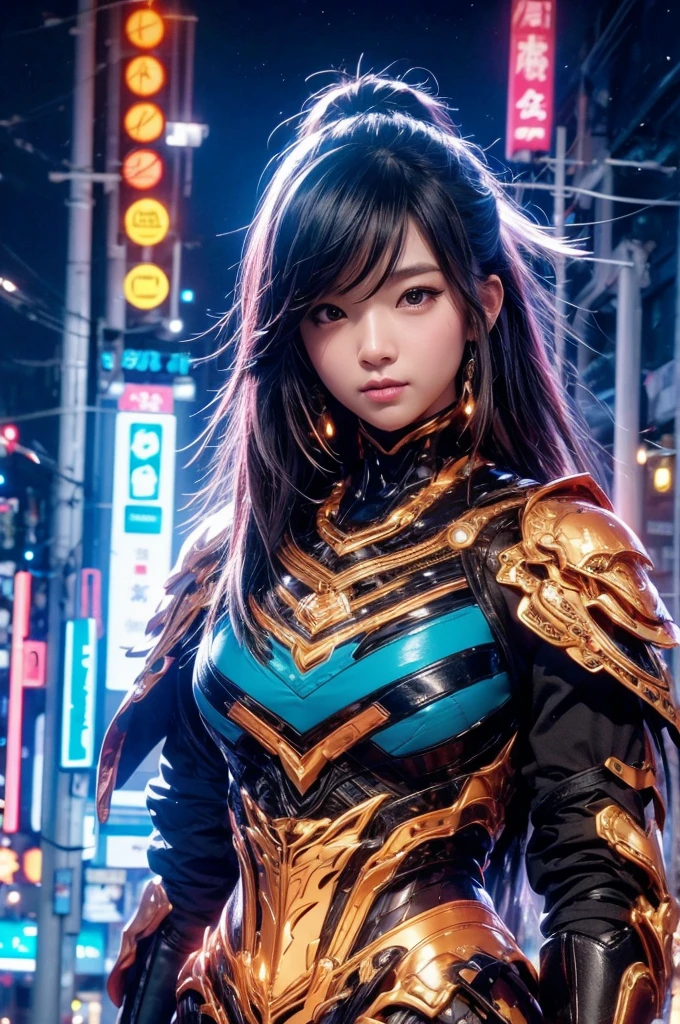 beautiful detail, best quality, 8k, highly detailed face and skin texture, high resolution, cute japanese girl in glowing neon armor on street in city at night, sharp focus