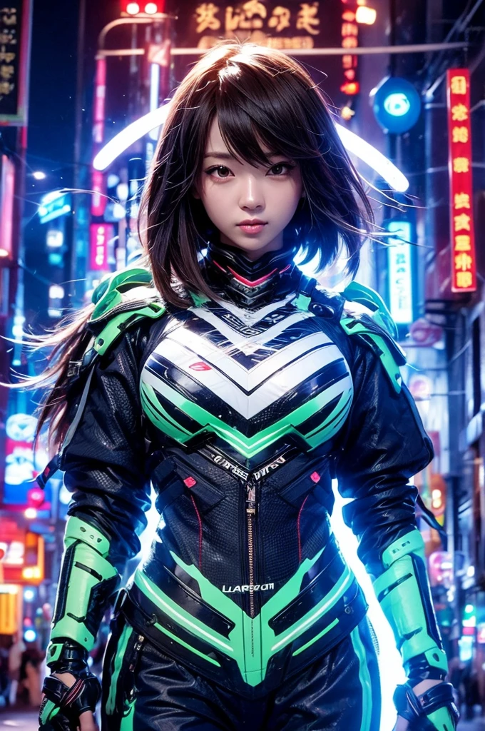 beautiful detail, best quality, 8k, highly detailed face and skin texture, high resolution, cute japanese girl in glowing neon armor on street in city at night, sharp focus