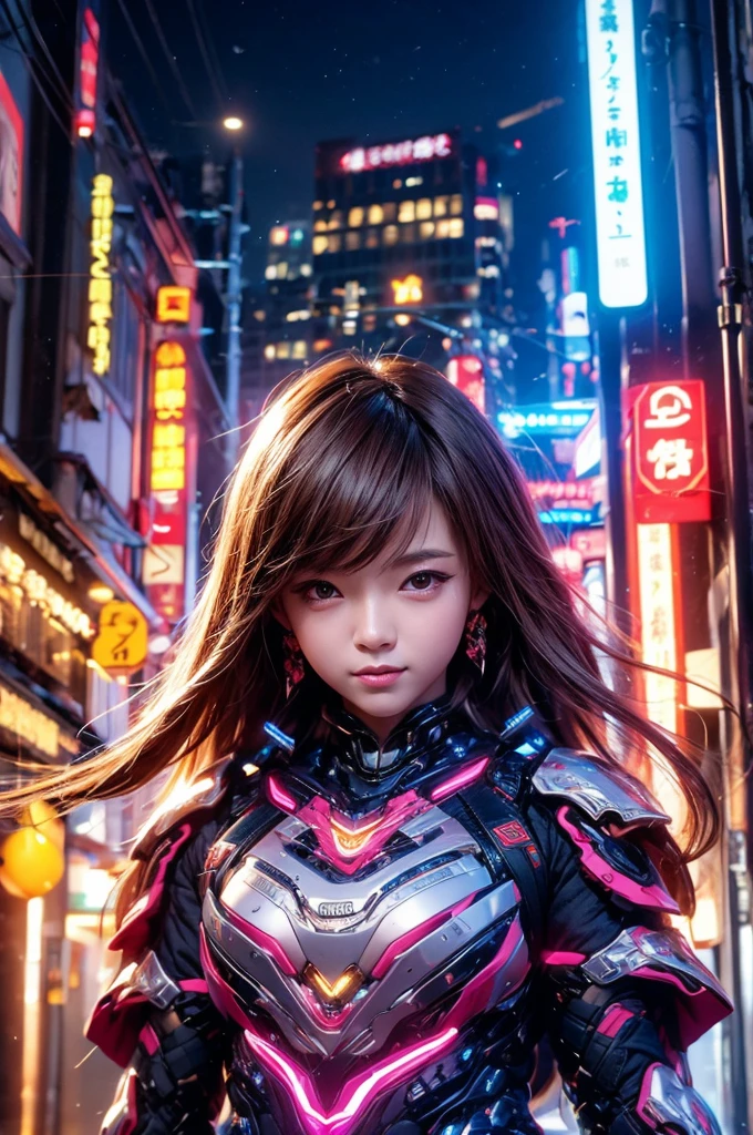 beautiful detail, best quality, 8k, highly detailed face and skin texture, high resolution, cute japanese girl in glowing neon armor on street in city at night, sharp focus