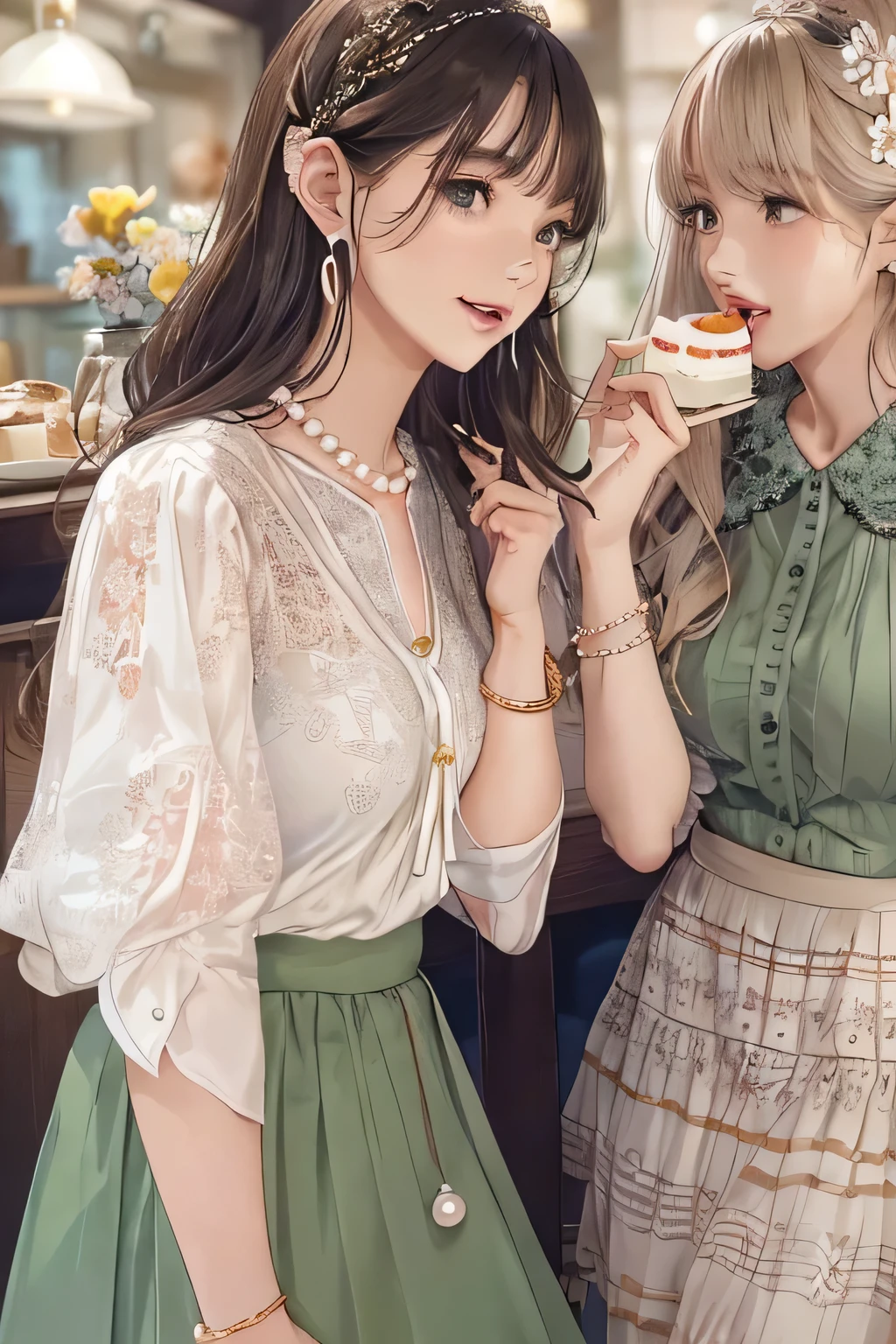 (highest quality:1.4)、High resolution、Detailed Background、(Detailed beautiful face:1.4)、Anatomically correct、(Depict the normal number of fingers:1.2)、(Detailed facial expressions)、Realistic、Beautiful fingers、Beautiful, smooth skin、age beauty、(Huge breasts:1.3)、Perfect body line、brown hair、Black Hair、bob hair、Long Hair、Cowboy Shot、
Happy expression、Calm atmosphere、Upper Body、Tea time at the cafe、(Three women chatting in a cute cafe while tasting cakes and sweets:1.5)、
Choose a feminine dress with floral or lace patterns.、
Dresses with muted color palettes or soft colors、
Choose heeled pumps or flat shoes to match your dress and make it more feminine.、
Wearing a light cardigan or bolero over a dress will give you a classy and cute look.、
Choose an elegant blouse made from silk or chiffon、
We recommend designs with lace or ribbon on the neckline or cuffs.、
Pairing a blouse with a midi-length flared skirt or pleated skirt will give you an elegant look.、
Choose a basic skirt color or go for soft pastel colors.、
Casual shoes such as flat sandals look great on you.、
Choose simple bags and accessories to create a balanced look.、
Pearl necklaces and earrings、Choose a simple design、Pearl accessories are generally white or cream in color, but pastel colored pearls are also cute.。
Thin chokers and delicate pendants、We recommend a simple design in gold or silver.、Items decorated with small sparkling stones or pearls are also nice.、
Stacking rings are a style of wearing multiple rings stacked on top of each other.、
Choosing a thin ring or a ring with a simple design will add a touch of glamour to your fingers.、
Pair it with a gold or rose gold ring for a classy look.、
We also recommend adding some cute headbands and hair accessories.、
Some have flower or ribbon accents, while others have simple designs.、
Hair accessories can enhance your hairstyle.、
Gold or Silver、A simple watch with a rose gold metal strap、
Watches decorated with diamonds and pearls also give an elegant impression.、
Simple accessories that are not too flashy、cute