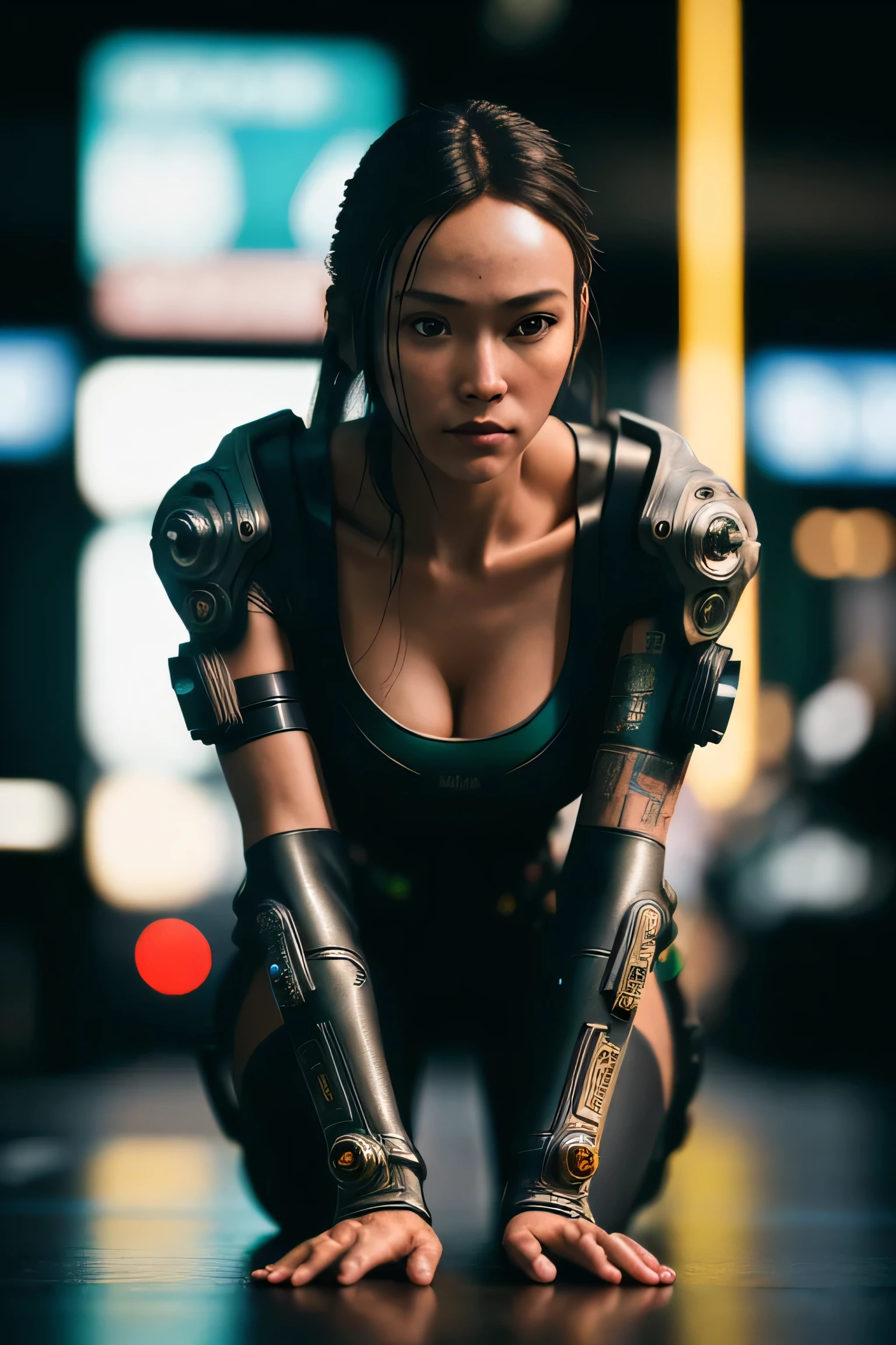 (masterpiece), (extremely intricate:1.3), (realistic), a girl, (cyberpunk), (dynamic perspective), the most beautiful in the world, (crouch down), indoors, caferacer, Aomori, Haifa, smirk, professional photograph of a stunning woman detailed, sharp focus, dramatic, award winning, cinematic lighting, octane render unreal engine, volumetrics dtx, (film grain, blurry background, blurry foreground, bokeh, depth of field)