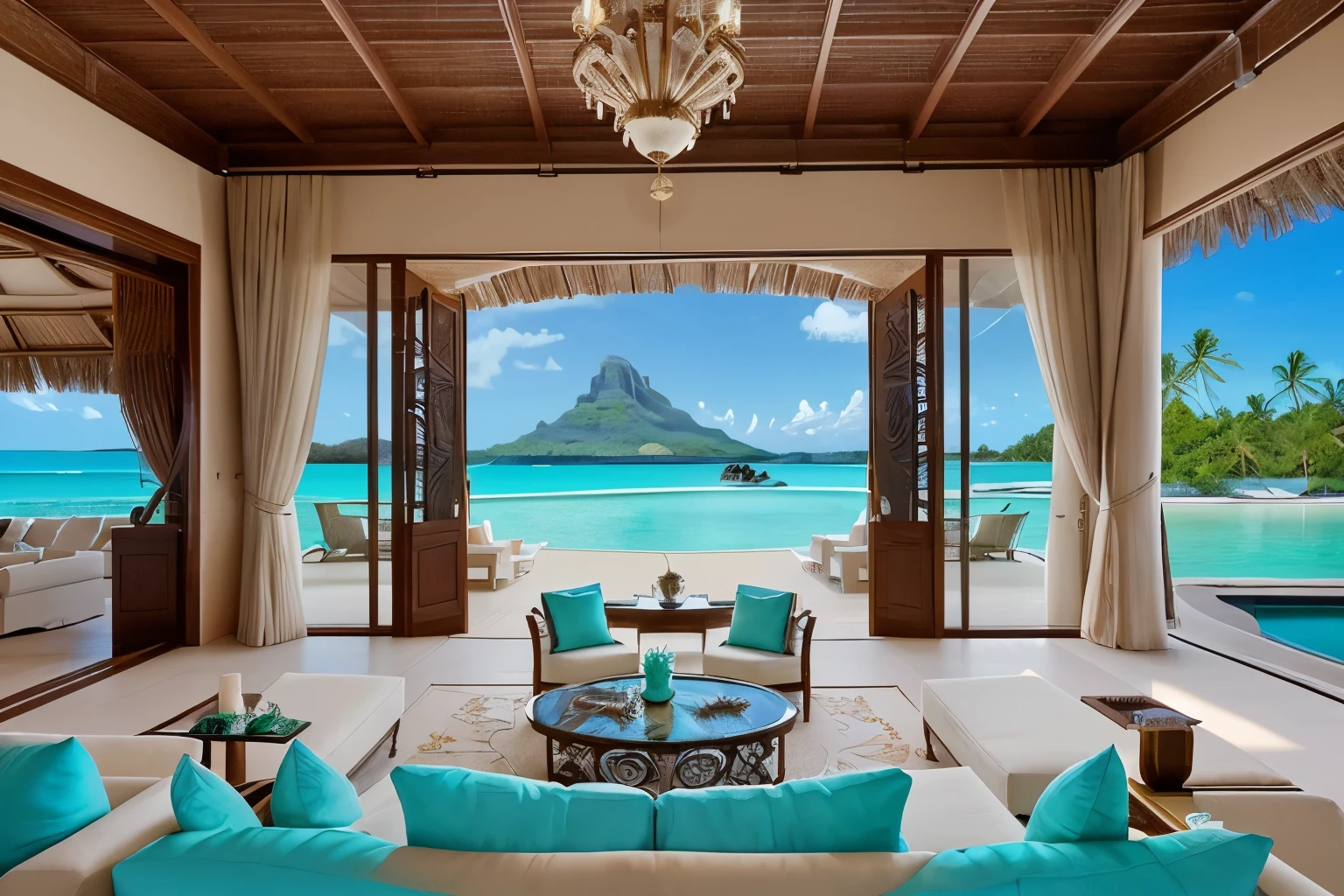 A sumptuously decadent villa on the shores of Bora Bora, French Polynesia, beckons with luxurious allure. The sleek, modern architecture melds seamlessly with the azure waters of the lagoon, creating a harmonious oasis of opulence. This breathtaking photograph showcases the villa's sweeping panoramic views, impeccable design, and lavish amenities, all illuminated by the soft glow of the setting sun. Immerse yourself in the sheer extravagance and tranquility of this exclusive tropical retreat.