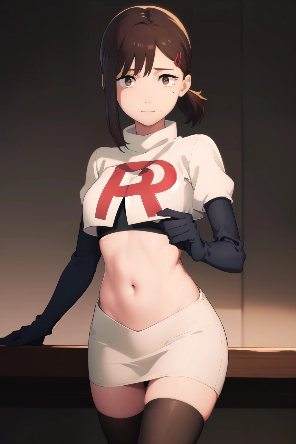 kobenihigashiyama, kobeni higashiyama, black hair, hair ornament, hairclip, mole, mole under eye, ponytail, short hair, (brown eyes:1.5),
BREAK team rocket,team rocket uniform,white skirt,red letter R,crop top,black thigh-highs,black elbow gloves,
BREAK looking at viewer,
BREAK (masterpiece:1.2), best quality, high resolution, unity 8k wallpaper, (illustration:0.8), (beautiful detailed eyes:1.6), extremely detailed face, perfect lighting, extremely detailed CG, (perfect hands, perfect anatomy),