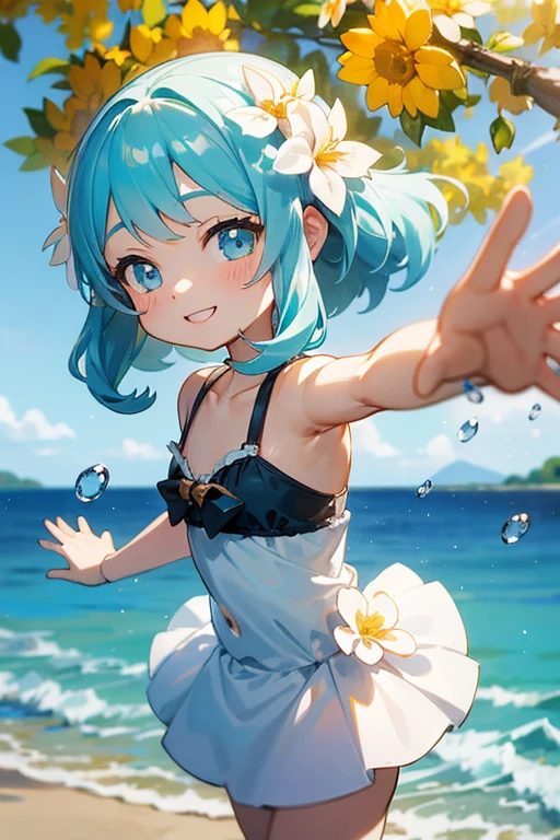 (masterpiece、highest quality、highest quality、official art、beautiful beautiful:1.2)、(1 girl:1.3)Hatsune Miku、twin tails,big breasts,New recreate：

theme：Seaside Resort 8km Race、Seaside resort illustration with ultra high definition detail。The subject is１beautiful woman。She wears a sleeveless micro bikini、I'm wearing miniskirt-length bottoms.。Hair tied in a ponytail fluttering in the wind、Raise your hands with a bright smile。

Blue sea and white sandy beach in the background、Depicts a large number of blue birds flying away from the subject。Blue sky and white clouds in the distance、You can feel the bright and refreshing atmosphere of the resort。

The pose is energetic and aggressive、Cross your arms like an X in front of your chest.。

Micro bikini costumes 、Although it is worn lightly, It expresses the glamour of the resort.。Fine details are also drawn on the design of the bikini and bottom。

Her expression is bright and smiling.、You can feel them enjoying a good time at the resort。

The composition is centered on the subject.、Background depicts the sea and a flock of blue birds。

The lighting is bright and refreshing、Illuminates the entire area.、Highlight the brightness of the resort。

The colors are vivid、Blue of sea or sky、The whiteness of the sandy beach is clearly expressed。

Effects include:、Includes hair fluttering in the wind and blue birds flying.、The fun and vibrancy of the resort is expressed。

Background effects are、Depicts sandy waves and details、The bright and refreshing atmosphere of the resort is emphasized。