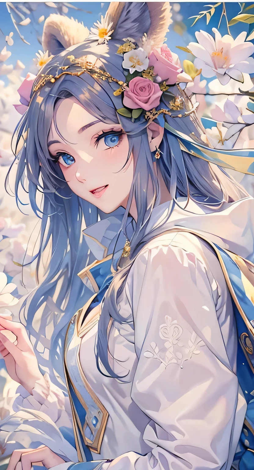 ((highest quality)), ((masterpiece)), (Get used to it), Perfect Face , masterpiece、highest quality、High resolution、High-quality images、8k, 1 female、Skin Radiance、Texture of skin and clothing、Expression of fine eyes、Shiny bright golden hair,Girl with long braided hair, Manga inspired by Lee Jong-suk, Trending on deviantart, realism, detailed manga style, Manga art style, Perfect Line Drawing, Beautiful line art, digital manga art girl, K-POPアイドル, Beautiful Blue Eyes, Fuller lips, Gorgeous face with attention to detail, (Cute Smile), charm, Innocent, Side view, (Perfectly detailed face), (Beautiful Hands) Photorealistic images, Written boundary depth, 20th Generation ,beautiful girl , bear ears , Mokomoko's clothes , Medium chest , protruding shoulders , I can see her cleavage , Rabbit , There are many flowers in the background ,