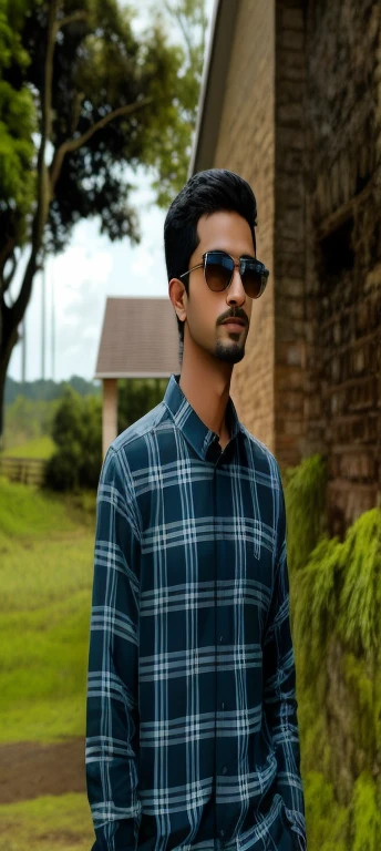 arafed man in a plaid shirt and sunglasses standing in front of a brick building, jayison devadas style, jayison devadas, in front of a forest background, portait photo profile picture, casual photography, profile pic, assamese aesthetic, background blur, hdr photo, edited in photoshop, profile picture, mohamed chahin style, ayan nag, with beard