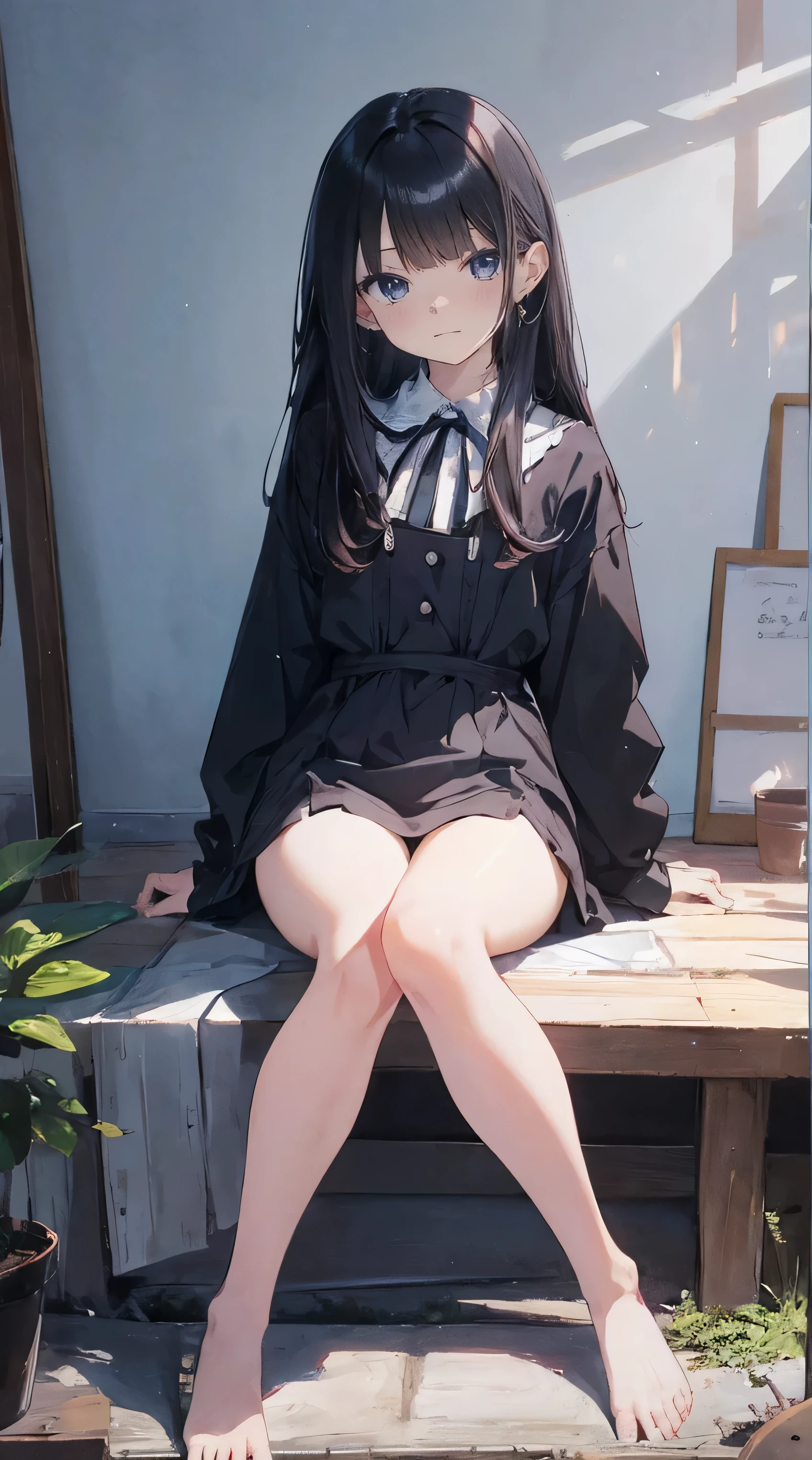 Masterpiece、Highest quality、highest quality、Black Hair、(((Lori)))、 ((Petite))、Shiny hair quality、Small face、Sitting、Super detailed, beautiful, wide eyes、Ultra-detailed, clear and beautiful faces、(cute illustration:1.2), High-resolution, ultra-detailed, best quality, embarrassed、Thighs