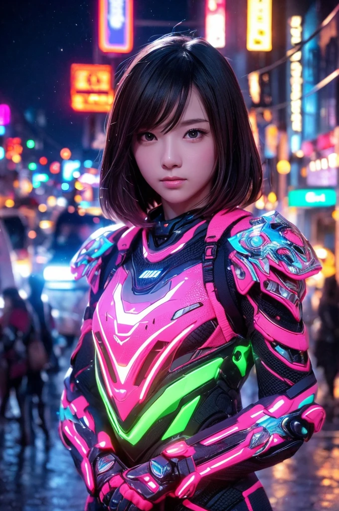 beautiful detail, best quality, 8k, highly detailed face and skin texture, high resolution, cute japanese girl in glowing neon armor on street in city at night, sharp focus