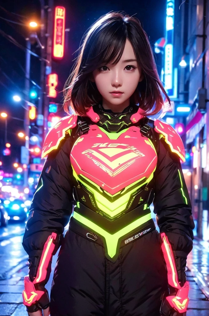beautiful detail, best quality, 8k, highly detailed face and skin texture, high resolution, cute japanese girl in glowing neon armor on street in city at night, sharp focus