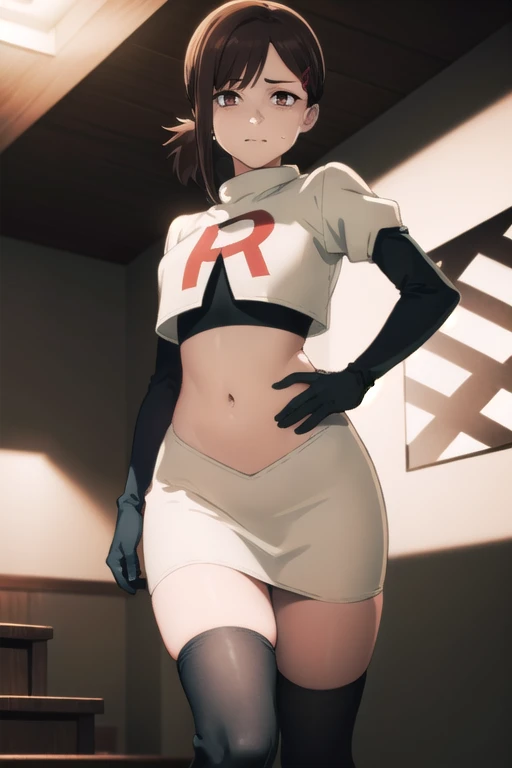 kobenihigashiyama, kobeni higashiyama, black hair, hair ornament, hairclip, mole, mole under eye, ponytail, short hair, (brown eyes:1.5),
BREAK team rocket,team rocket uniform,white skirt,red letter R,crop top,black thigh-highs,black elbow gloves,
BREAK looking at viewer,
BREAK (masterpiece:1.2), best quality, high resolution, unity 8k wallpaper, (illustration:0.8), (beautiful detailed eyes:1.6), extremely detailed face, perfect lighting, extremely detailed CG, (perfect hands, perfect anatomy),
