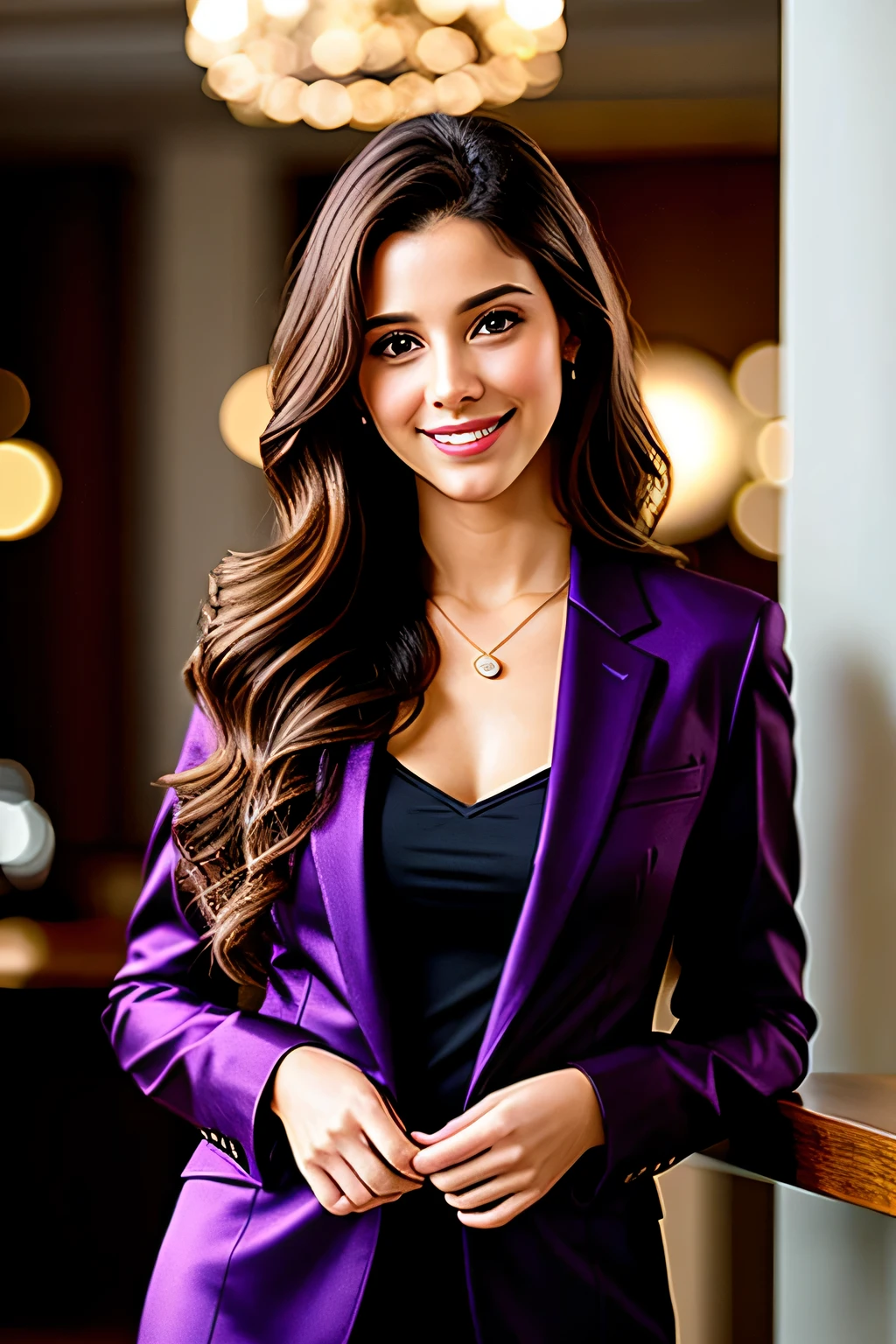 young woman with long hair reaching just to her shoulders, winding curls, light brown hair color, soft skin, brown eyes smiling, business attire clothes, dark blue puirple jacket, realistic, set against the background of an elegant restaurant, 8k, super realistic and super detailed,  (((full body))), (((fullbody shot))), woman standing with a deep v-neck dress.