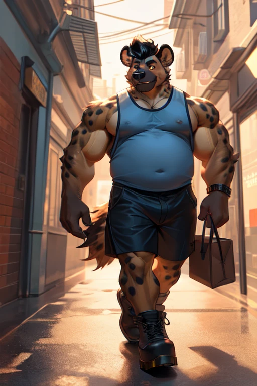((best quality)), ((masterpiece)), (detailed), perfect face, Furry, Anthropomorphic Spotted hyena, 25 years old, 6'1.5" and 190 lbs, 45" Chest, 53" Shoulders, 15" Biceps, 35" waist, 25" Thighs, 17" calves, 19" Back, Black hair, Pompadour hairstyle, Brown eyes, wearing navy blue sleeveless vest, wearing salmon colored tanktop, wearing deep necked tank top, low placket string tanktop, thin tank top, nipples exposed, neckline going down stomach, wearing black sweat shorts, wearing Doc Martens, retro aesthetic, 50's greaser aesthetic, Musclegut, stout physique, walking down city, location based on Annapolis, Maryland, Metropolitan statistical area, Maine, smirking, confident, strutting around town, Septum Piercing, Gold Nipple Ring, dynamic lighting, perfect shading, soft shading, soft colors, vivid colors, pastel colors