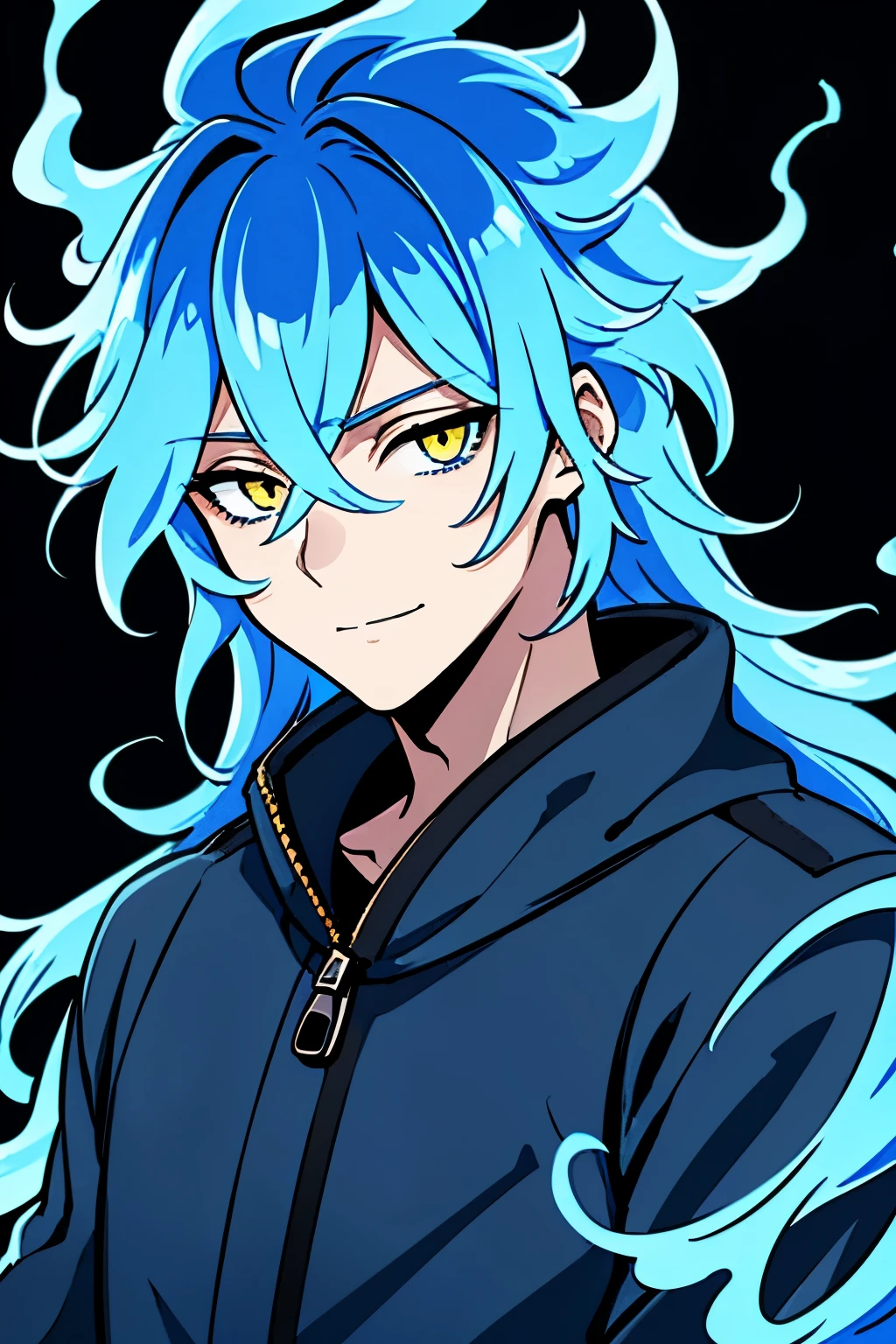 (high-quality, breathtaking),(expressive eyes, perfect face) portrait, halfbody shot, 1boy, male, solo, teenager, Symmetrical Eyes, , yellow color eyes, long hair length, spiky flowy hair, soft smile, side bangs, looking at viewer, happy expression, blue hair color, modern clothing, black background, blue flame hair, blue fire, Idia Shroud character, hair on fire, blue flame like hair, black jacket, blue trim, blue embers in background, blue fire in background, glowing hair
