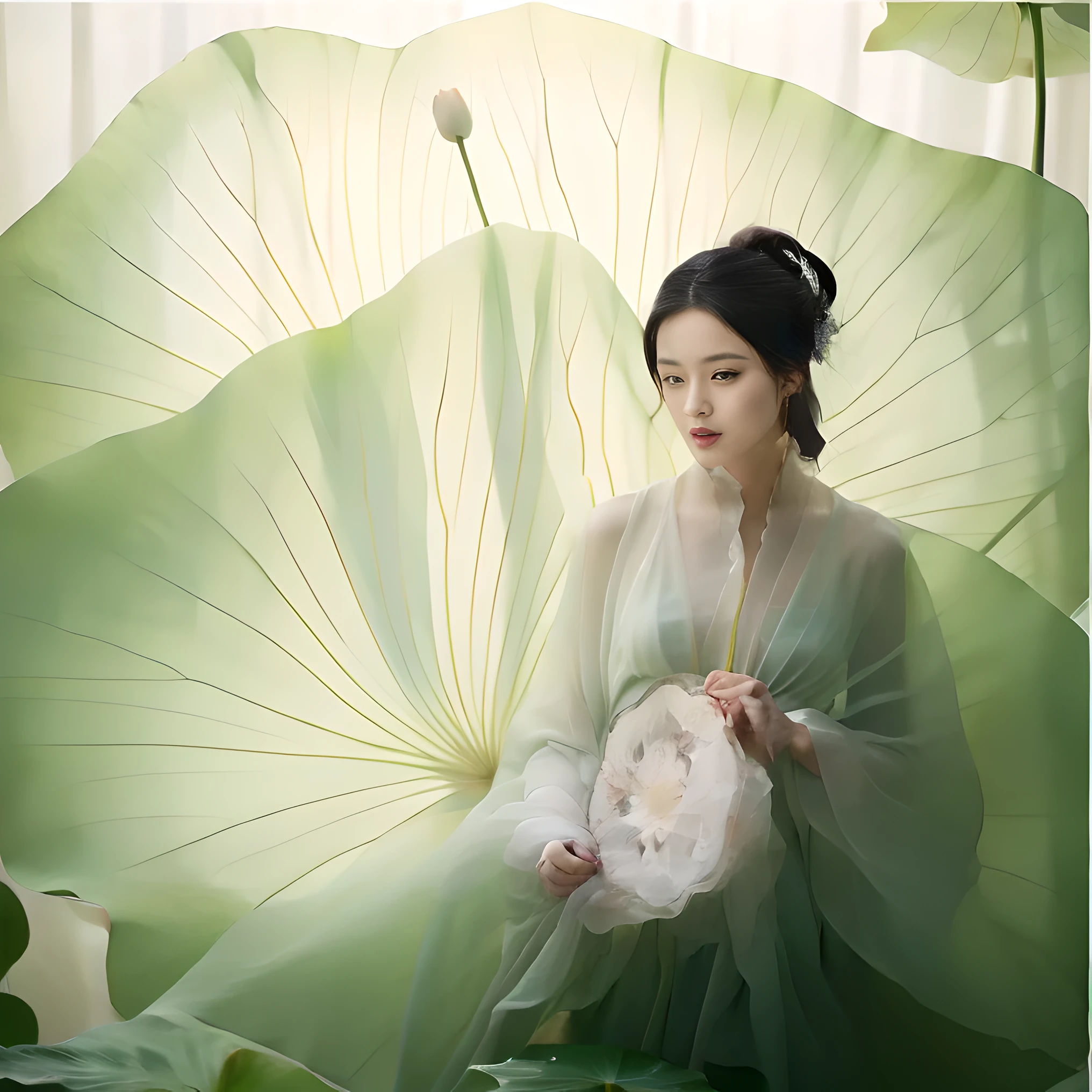 A girl，solo，Giant lotus leaf，Black Hair，dress，Looking at the audience，White skirt，Hair Bun， Sitting，单Hair Bun，Leaves，Long sleeve，Red lips，Realism