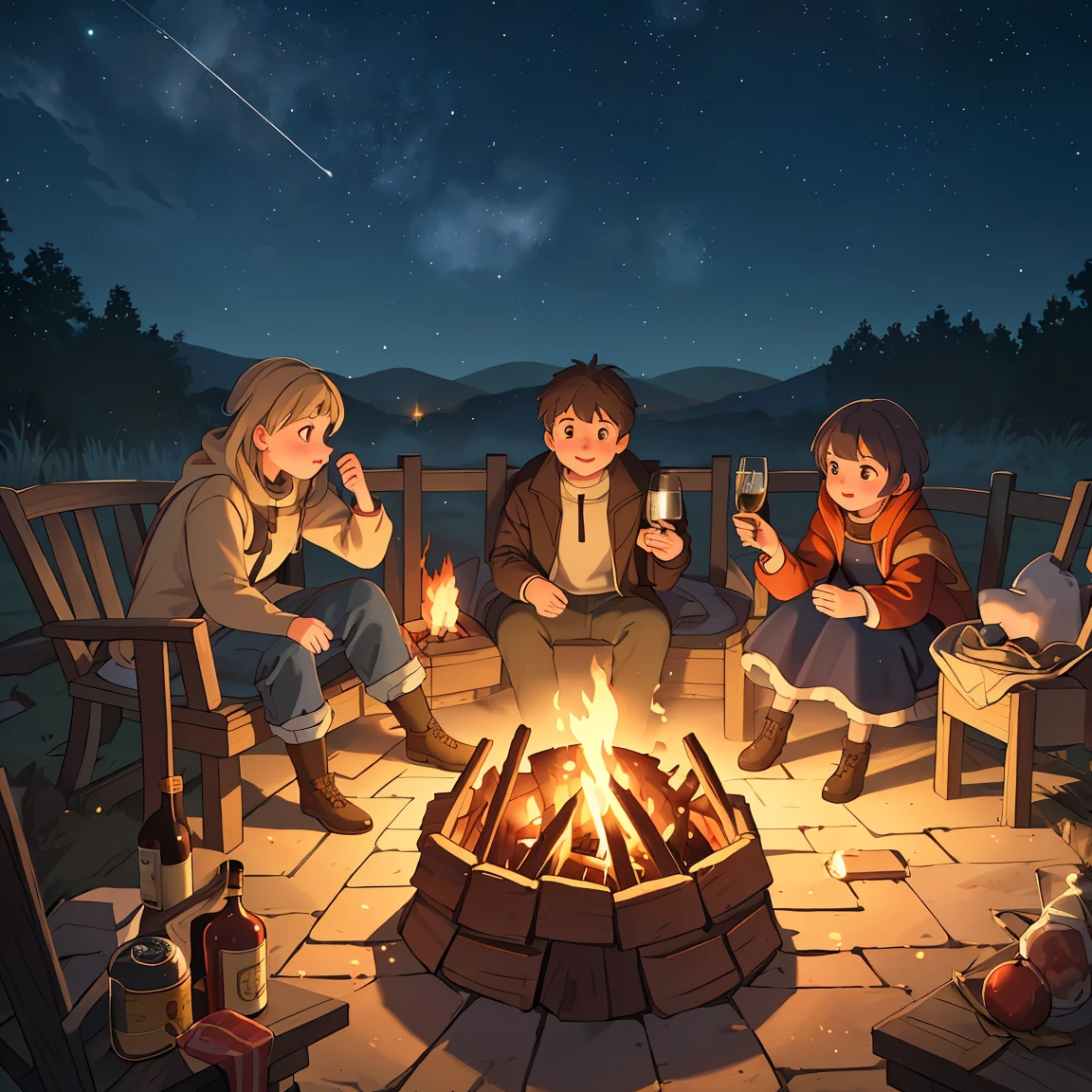 (best quality,4K,8k,high resolution,masterpiece:1.2),Super detailed,Practical,photoPractical:1.37,Warm bonfire night scene,Crackling wood fire,people gather around,Comfortable atmosphere,Sparkling fire,starry night sky,portrait,,fear,Practical colors,Warm lighting,The stars shine,Peaceful atmosphere,Bright colors