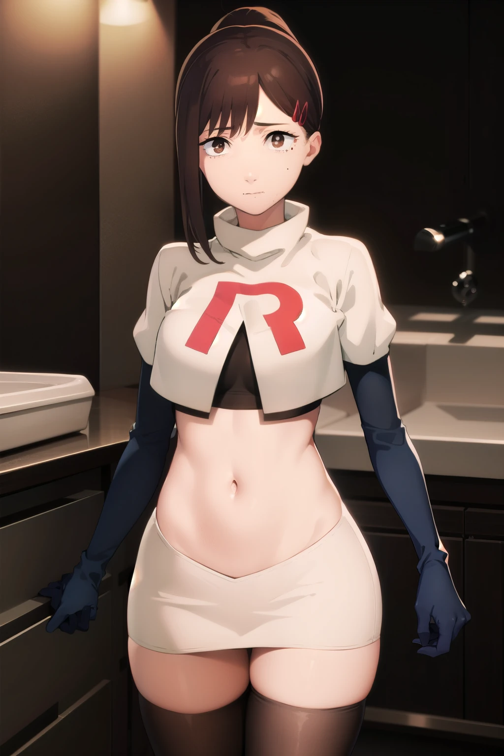 kobenihigashiyama, kobeni higashiyama, black hair, hair ornament, hairclip, mole, mole under eye, ponytail, short hair, (brown eyes:1.5),
BREAK team rocket,team rocket uniform,white skirt,red letter R,crop top,black thigh-highs,black elbow gloves,
BREAK looking at viewer,
BREAK (masterpiece:1.2), best quality, high resolution, unity 8k wallpaper, (illustration:0.8), (beautiful detailed eyes:1.6), extremely detailed face, perfect lighting, extremely detailed CG, (perfect hands, perfect anatomy),