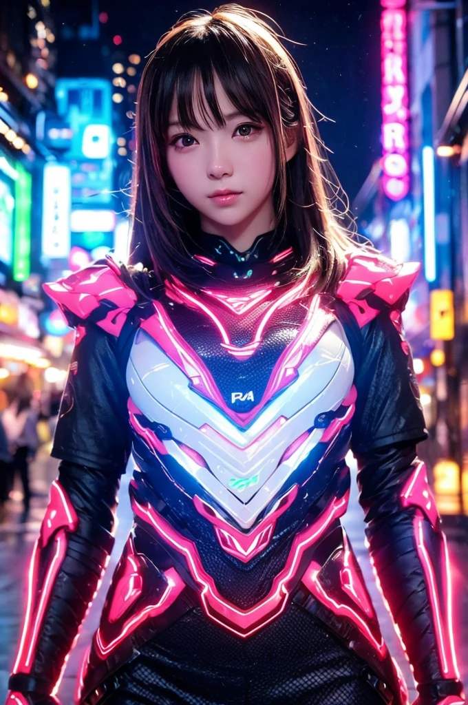 beautiful detail, best quality, 8k, highly detailed face and skin texture, high resolution, cute japanese girl in glowing neon armor on street in city at night, sharp focus