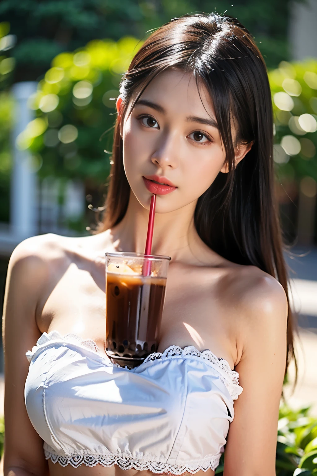 upper body closeup, Hands-Free_Bubble_Tea_Challenge, Bubble Tea between big breasts, a straw, (masterpiece, best quality:1.2), 1girl,White lace tube top dress,botanical garden