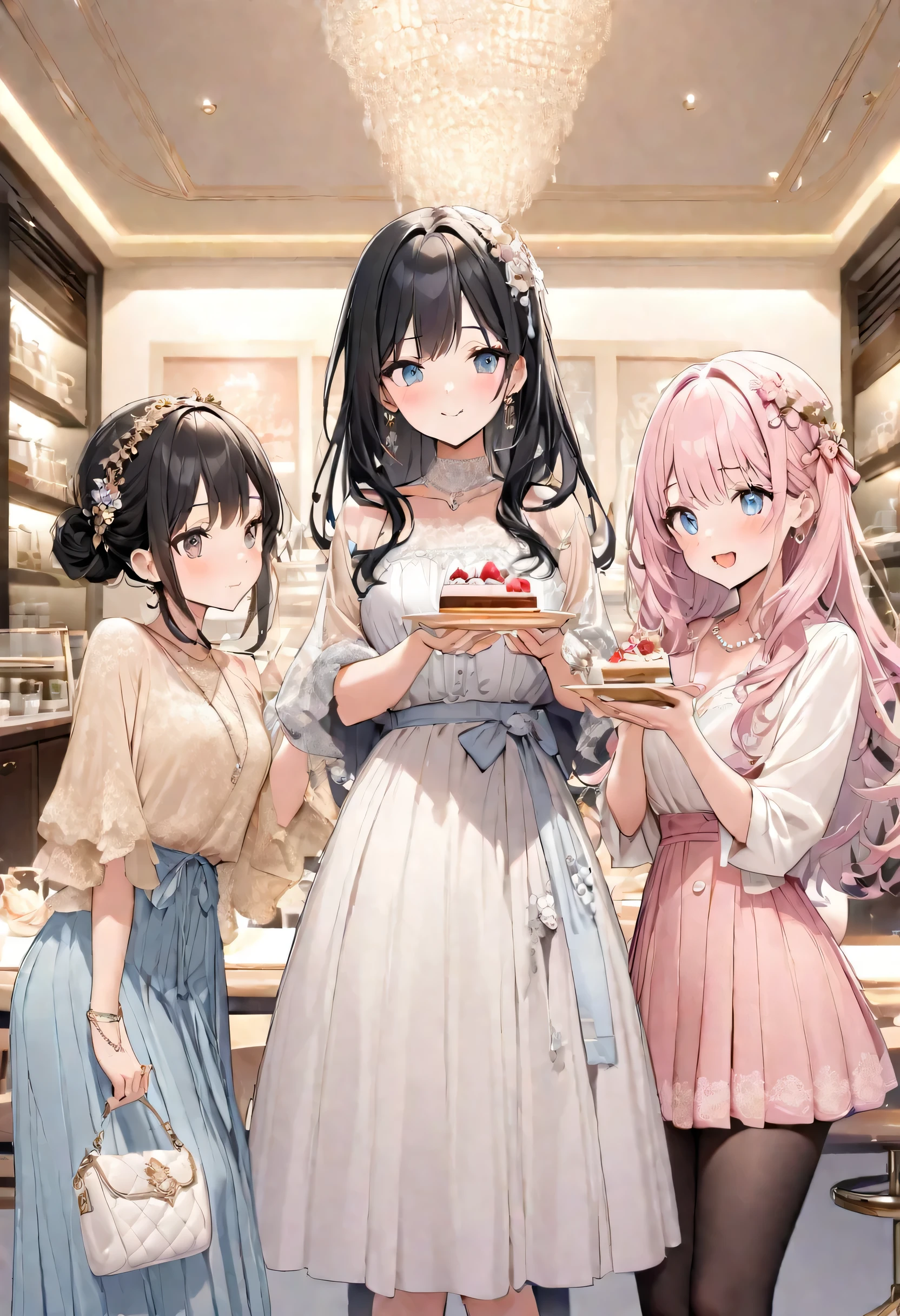 highest quality、High resolution、Detailed Background、Detailed beautiful face、Anatomically correct、age beauty、Perfect body line、Black Hair、Long Hair、
Happy expression、Calm atmosphere、Tea time at a cute cafe、Have a good time、(Three women chatting in a cute cafe while tasting cakes and sweets)、
Choose a feminine dress with floral or lace patterns.、
Dresses with muted color palettes or soft colors、
Choose heeled pumps or flat shoes to match your dress and make it more feminine.、
Wearing a light cardigan or bolero over a dress will give you a classy and cute look.、
Choose an elegant blouse made from silk or chiffon、
We recommend designs with lace or ribbon on the neckline or cuffs.、
Pairing a blouse with a midi-length flared skirt or pleated skirt will give you an elegant look.、
Choose a basic skirt color or go for soft pastel colors.、
Casual shoes such as flat sandals look great on you.、
Choose simple bags and accessories to create a balanced look.、
Pearl necklaces and earrings、Choose a simple design、Pearl accessories are generally white or cream in color, but pastel colored pearls are also cute.。
Thin chokers and delicate pendants、We recommend a simple design in gold or silver.、Items decorated with small sparkling stones or pearls are also nice.、
Stacking rings are a style of wearing multiple rings stacked on top of each other.、
Choosing a thin ring or a ring with a simple design will add a touch of glamour to your fingers.、
Pair it with a gold or rose gold ring for a classy look.、
We also recommend adding some cute headbands and hair accessories.、
Some have flower or ribbon accents, while others have simple designs.、
Hair accessories can enhance your hairstyle.、
Gold or Silver、A simple watch with a rose gold metal strap、
Watches decorated with diamonds and pearls also give an elegant impression.、
Simple accessories that are not too flashy、cute