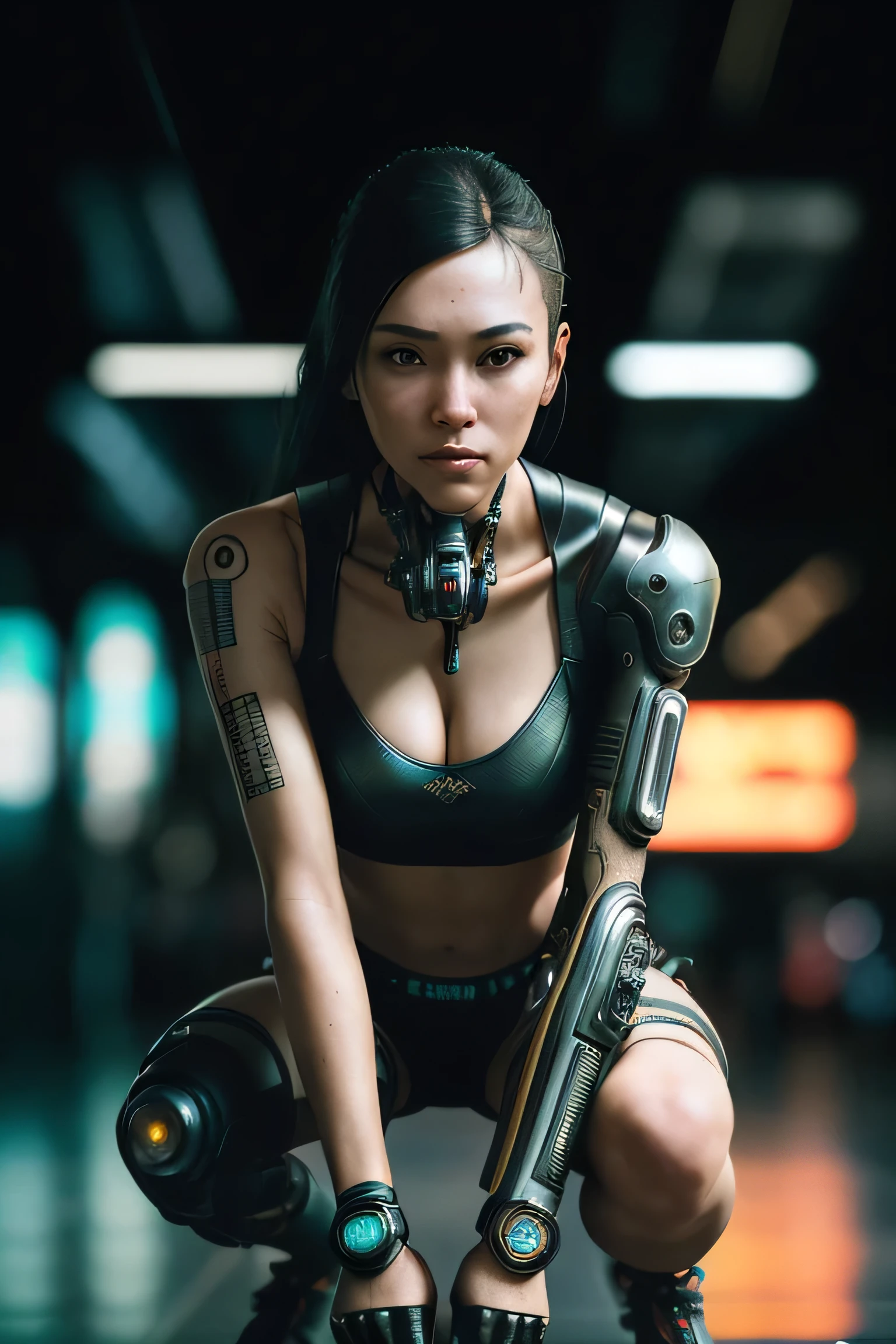 (masterpiece), (extremely intricate:1.3), (realistic), a girl, (cyberpunk), (dynamic perspective), the most beautiful in the world, (crouch down), indoors, caferacer, Aomori, Haifa, smirk, professional photograph of a stunning woman detailed, sharp focus, dramatic, award winning, cinematic lighting, octane render unreal engine, volumetrics dtx, (film grain, blurry background, blurry foreground, bokeh, depth of field)